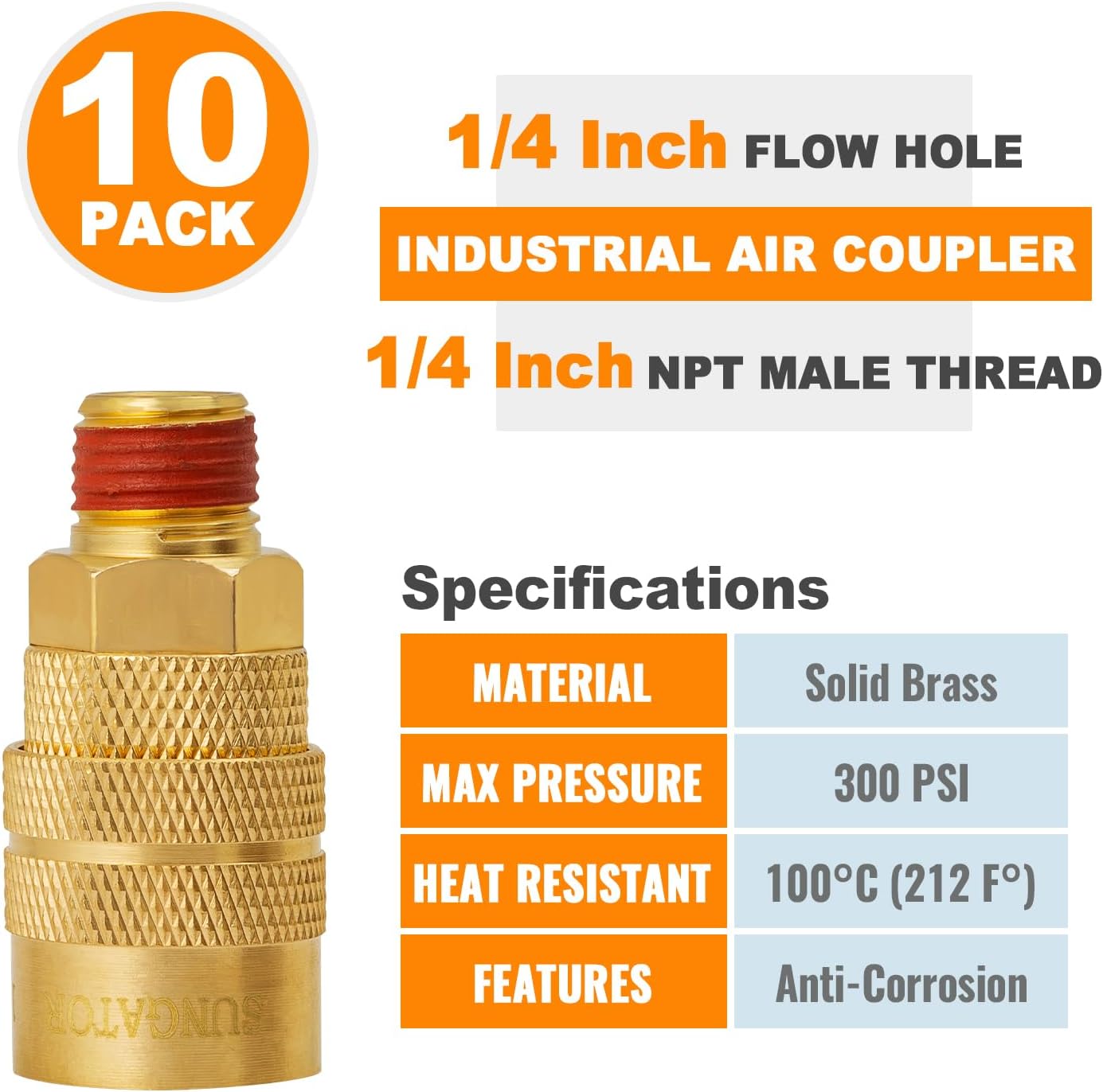 SUNGATOR 1/4'' Male Air Hose Fittings, 10-Pack Brass 1/4'' Male Industrial Couplers, 1/4 Inch Male Quick Connect Air Line Fittings, 1/4 Inch Male NTP Couplers, Compressor Hose Repair Accessories Kit
