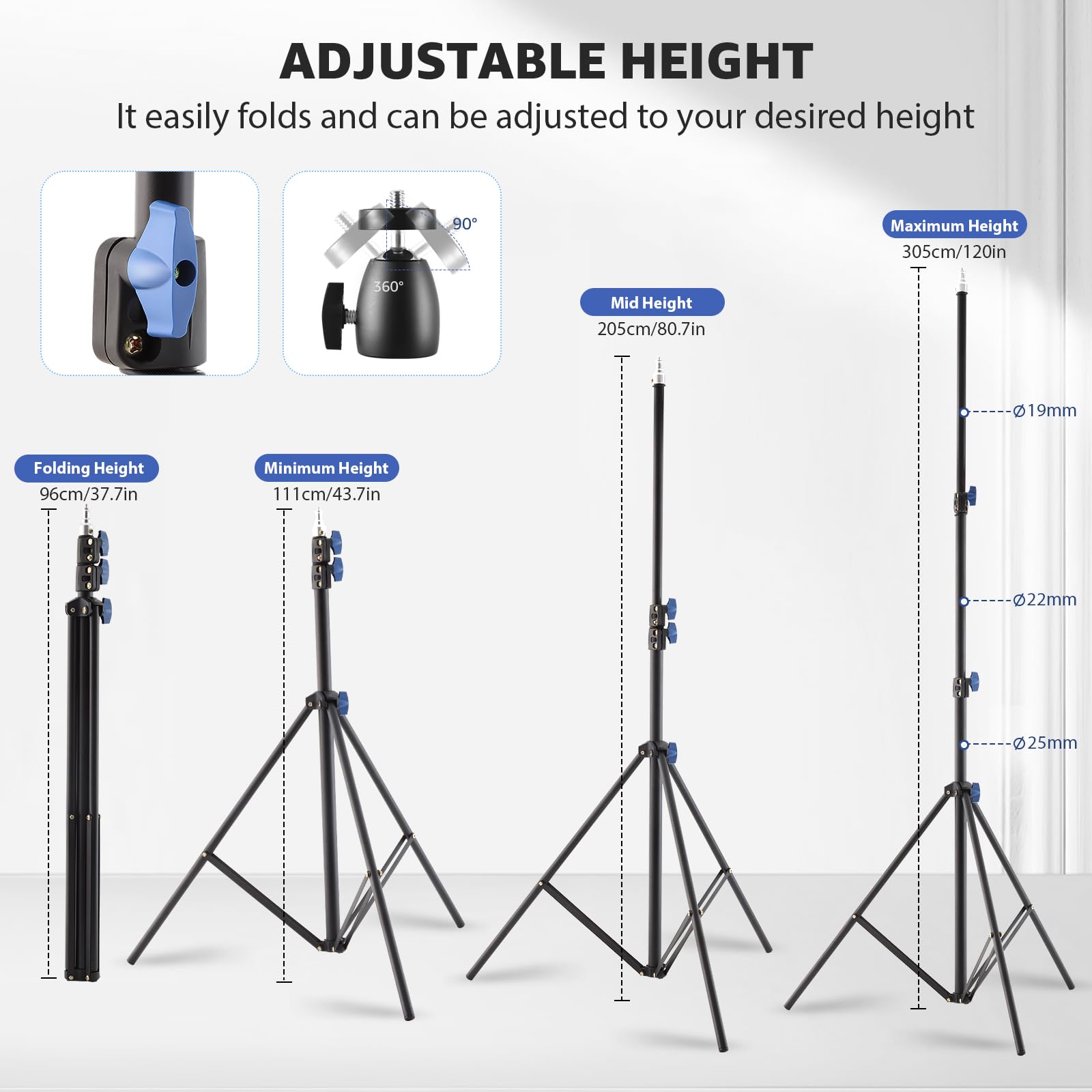 CS033 - Soporte de luz para fotografía, 300 cm, acolchado con resorte, soporte de trípode de fotografía resistente con adaptador de tornillo de 1/4 pulgadas, soporte de iluminación ajustable para