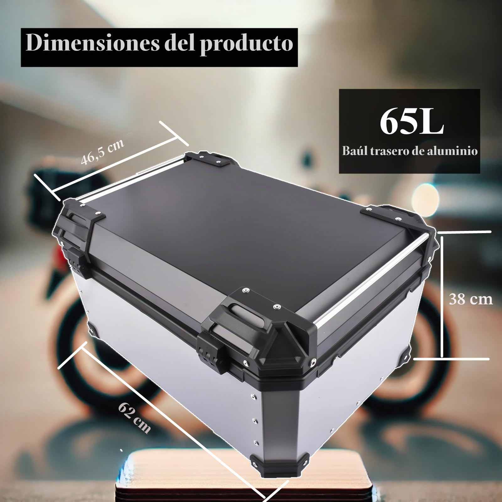 Plata 65L Maletín Superior para Moto, Maletín Universal de Aluminio Impermeable con Cierre de Seguridad para Guardar el Casco