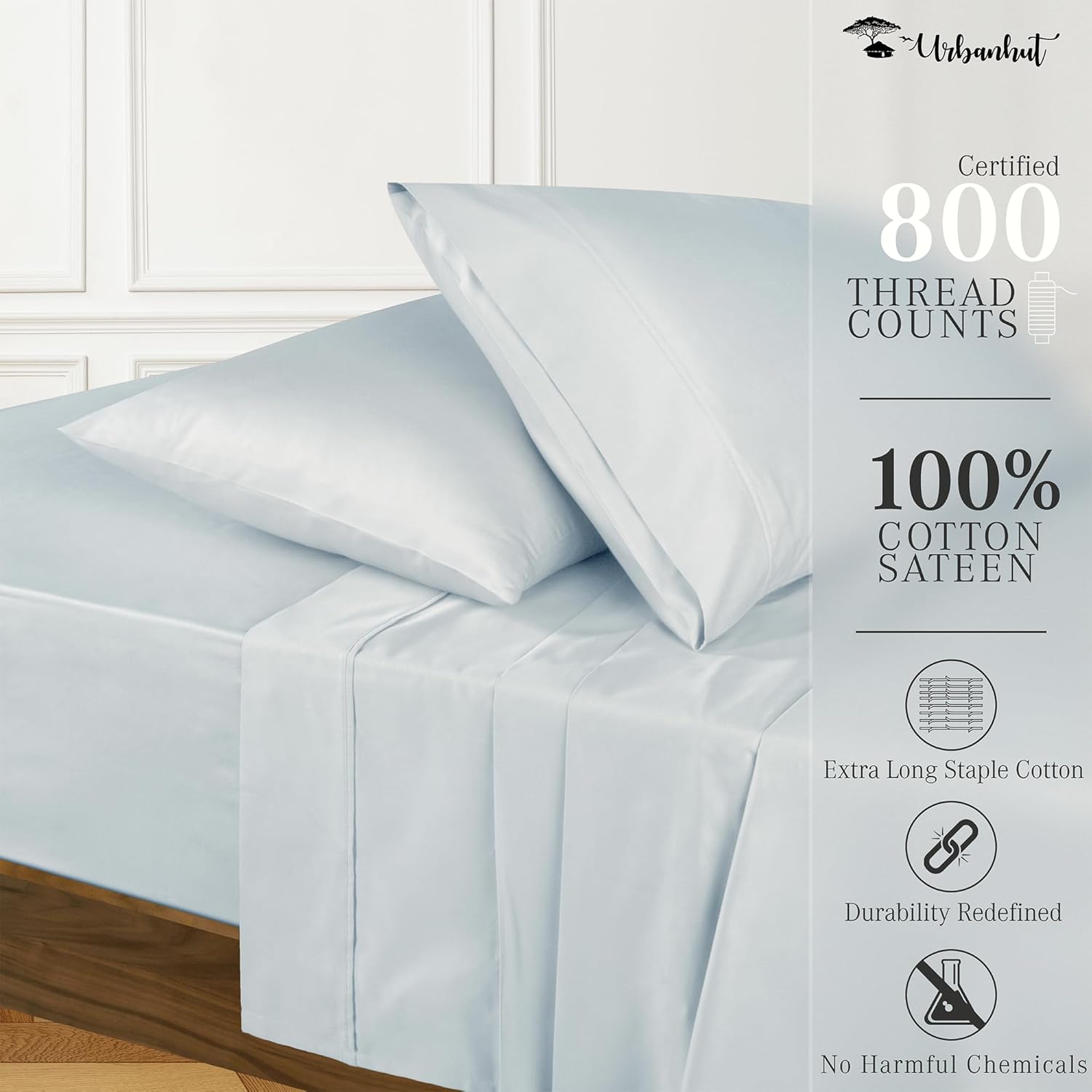 URBANHUT 100% Cotton Queen Size Sheets, 800 Thread Count Luxury 4 Piece Queen Bedsheets, Hotel Sheets Sateen Finish - Better Than Egyptian, 16" Elasticized Deep Pocket - Light Blue - Image 2