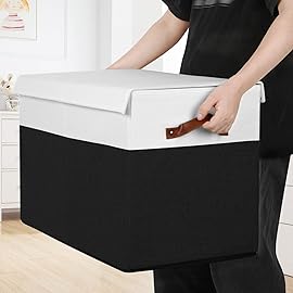 Large Toy Storage Box with Lid, Sturdy Toys Storage Chest Bin Organizer Basket with Dividers for Kids, Boys, Girls, Nursery, Closet, Bedroom, Playroom 25x13 x16 (Black and White)
