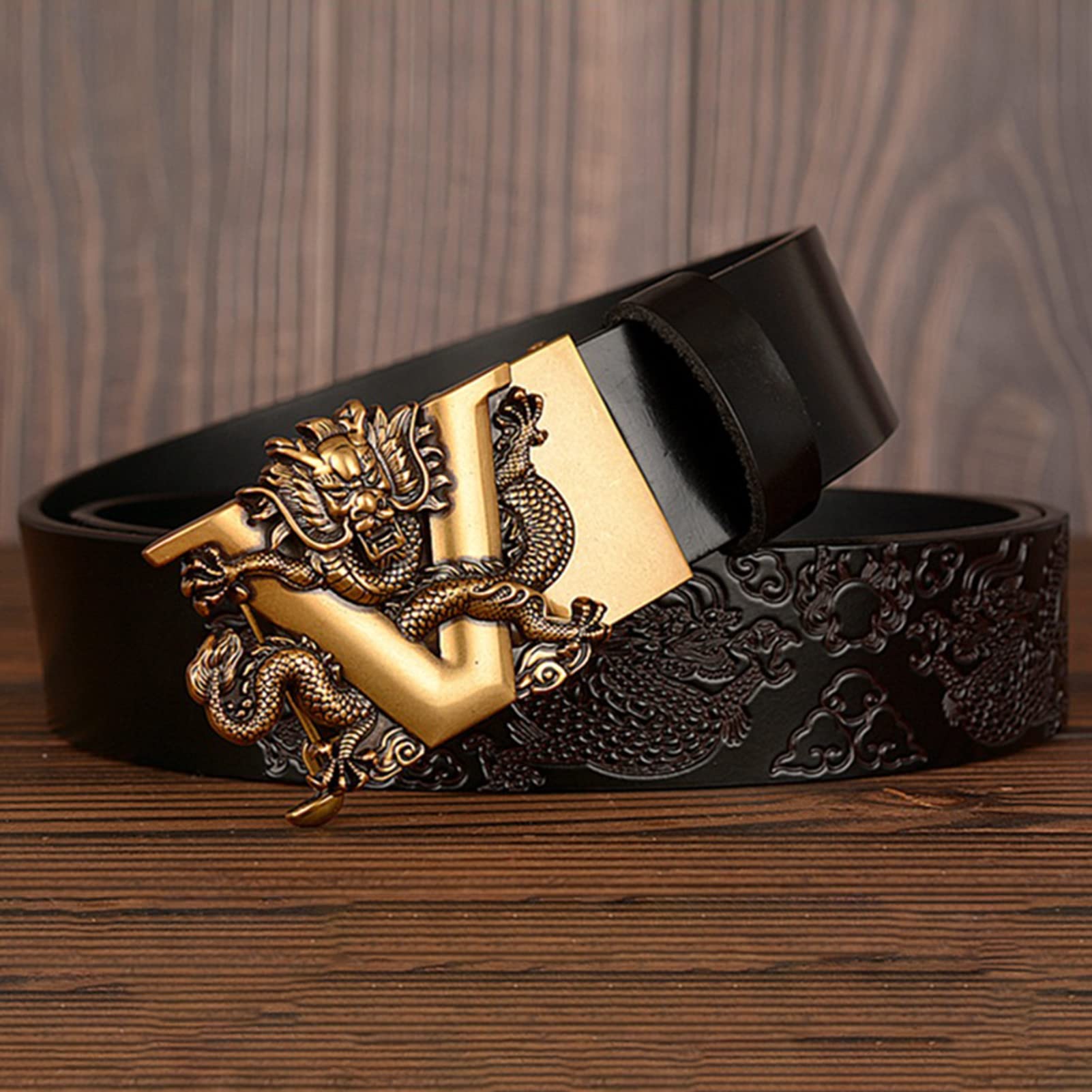 Herren Ratschen Gürtel, Automatik Ledergürtel Kürzbar mit automatischem Schnallen Geschnitztes Gold Drachen Gürtelschnalle für Jeans Anzug Hose(130cm/waist:45", Dragon~A)