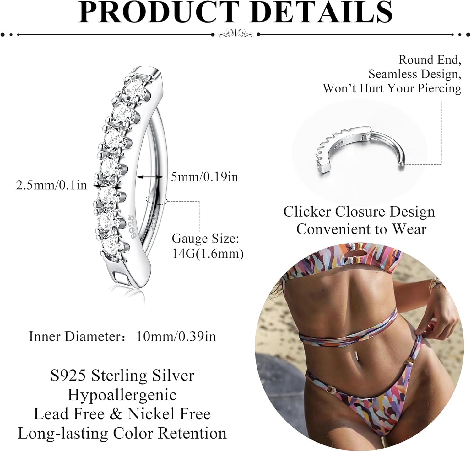 MILACOLATO 14G Belly Button Rings for Women Hypoallergenic 925 Sterling Silver Clicker Belly Button Ring Cubic Zirconia Paved Reverse Curved Navel Rings Barbell Belly Piercing Jewelry - Image 4