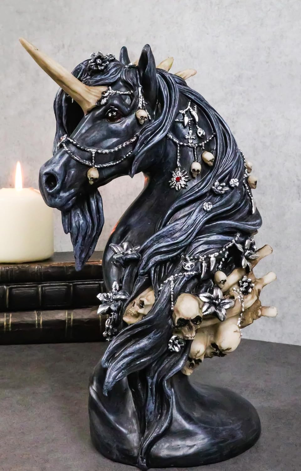 Ebros Gift Gothic Macabre Collection Black Dark Unicorn Horse with Skeleton Bones and Skulls Bust Figurine 10" H Myths and Legends Fantasy Accent