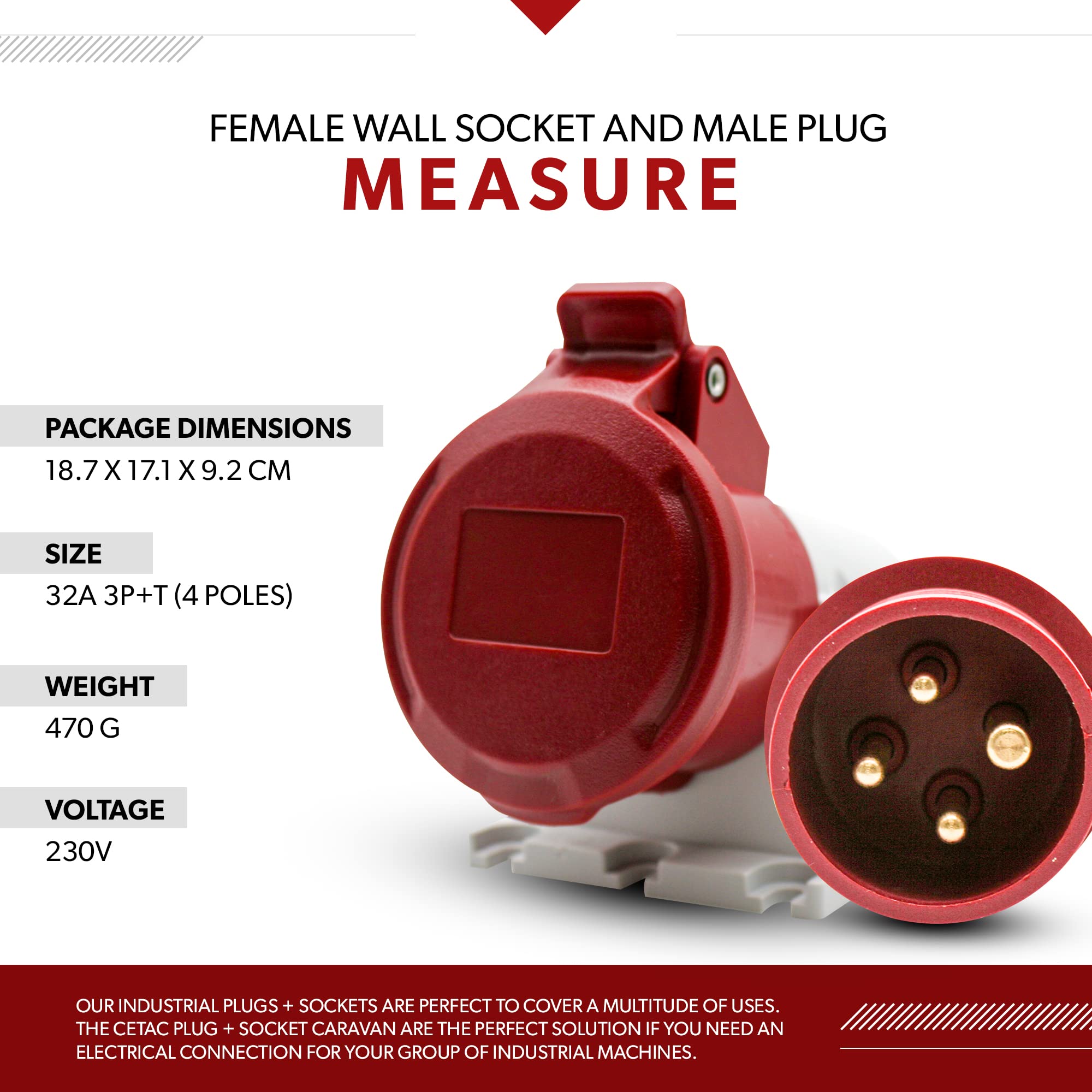 DOJA Industrial | PACK BASE PARED HEMBRA Y ENCHUFE TRIFASICO INDUSTRIAL 380 MACHO | 32A - 3P+T (4 Polos) | Base Mural Cetac Hembra + Toma Corriente de 4 Pines | Enchufe Caravana, Conector Camping