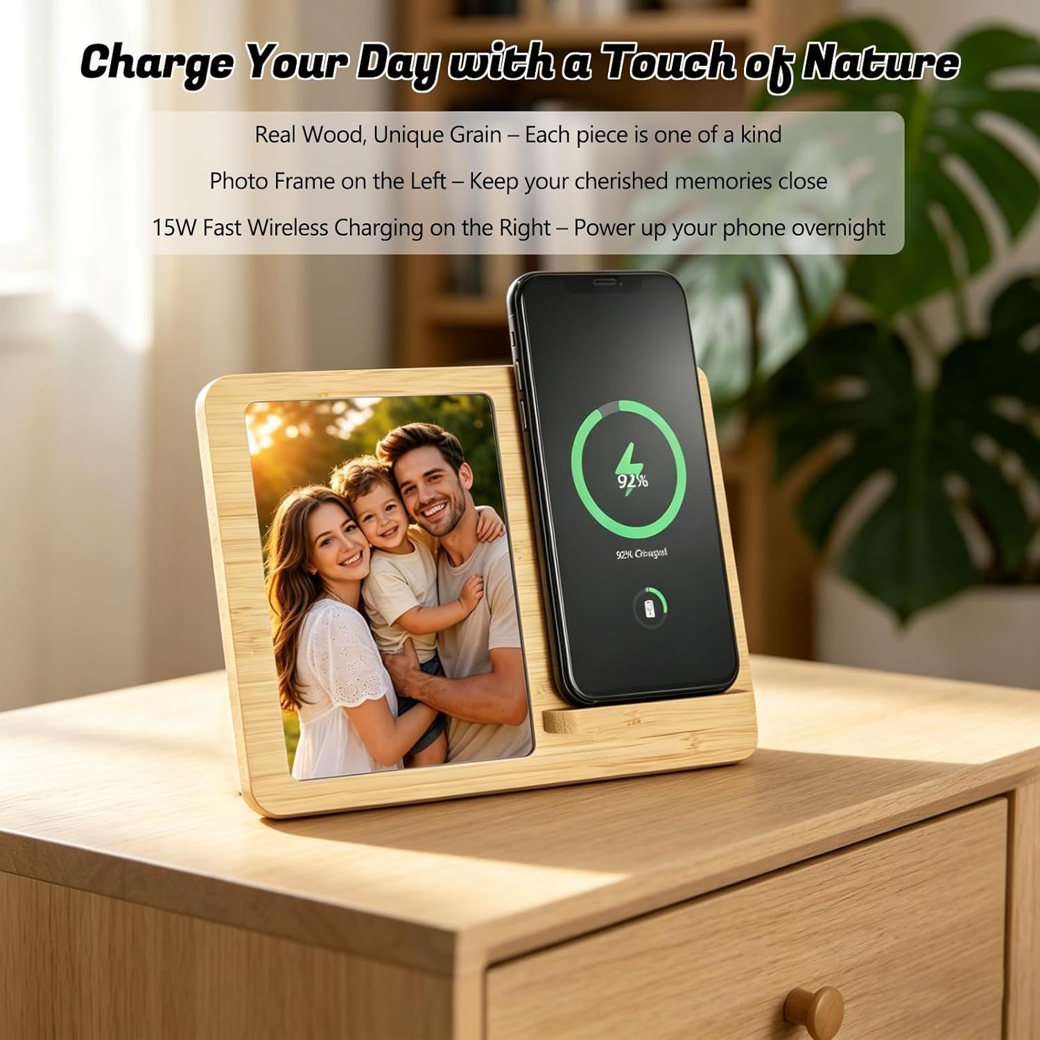 15W Wooden Wireless Charger with Photo Frame, Natural Wood Grain Anti-Crack Design, Fast Charging Stand for Smartphones, Home Office Desk Accessory (Set-A)