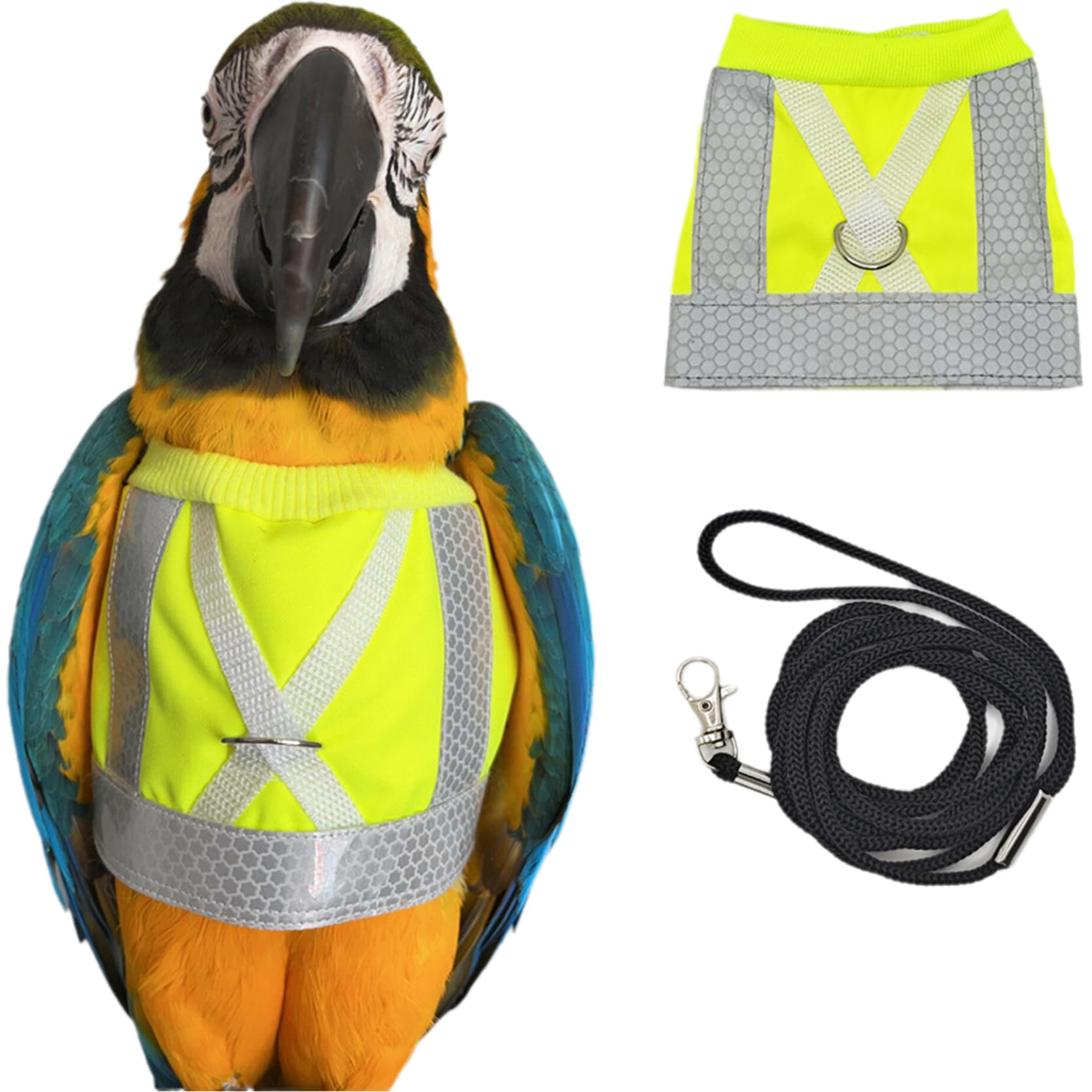 inlzdz Parrot Leash For Outdoor Walking Adjustable Flight Harness For African Grey Soft Anti-bite Vest With Reflective Fluorescent Green L