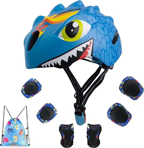 Toddler Helmet Kids Bike Helmet for 2 3 4 5 6 7 8 Years Old Girls with 3D Dinosaur Design Protective Gear Set and Safety Certified, Toddler Bike Cycling Skating Skateboard Scooter Helmet (Blue)