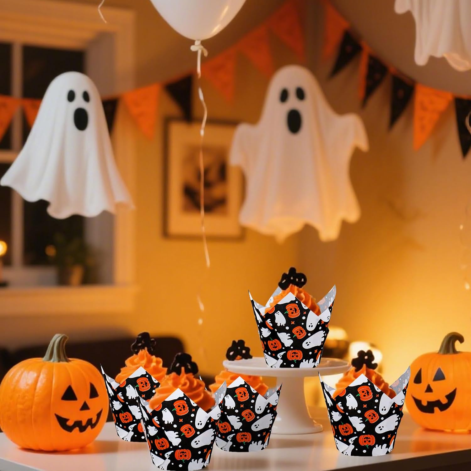 Whaline 200Pcs Halloween Tulip Cupcake Liners Cute Ghost Pumpkin Dots Muffin Baking Cups Black Cupcake Wrappers for Party Supplies Table Decor