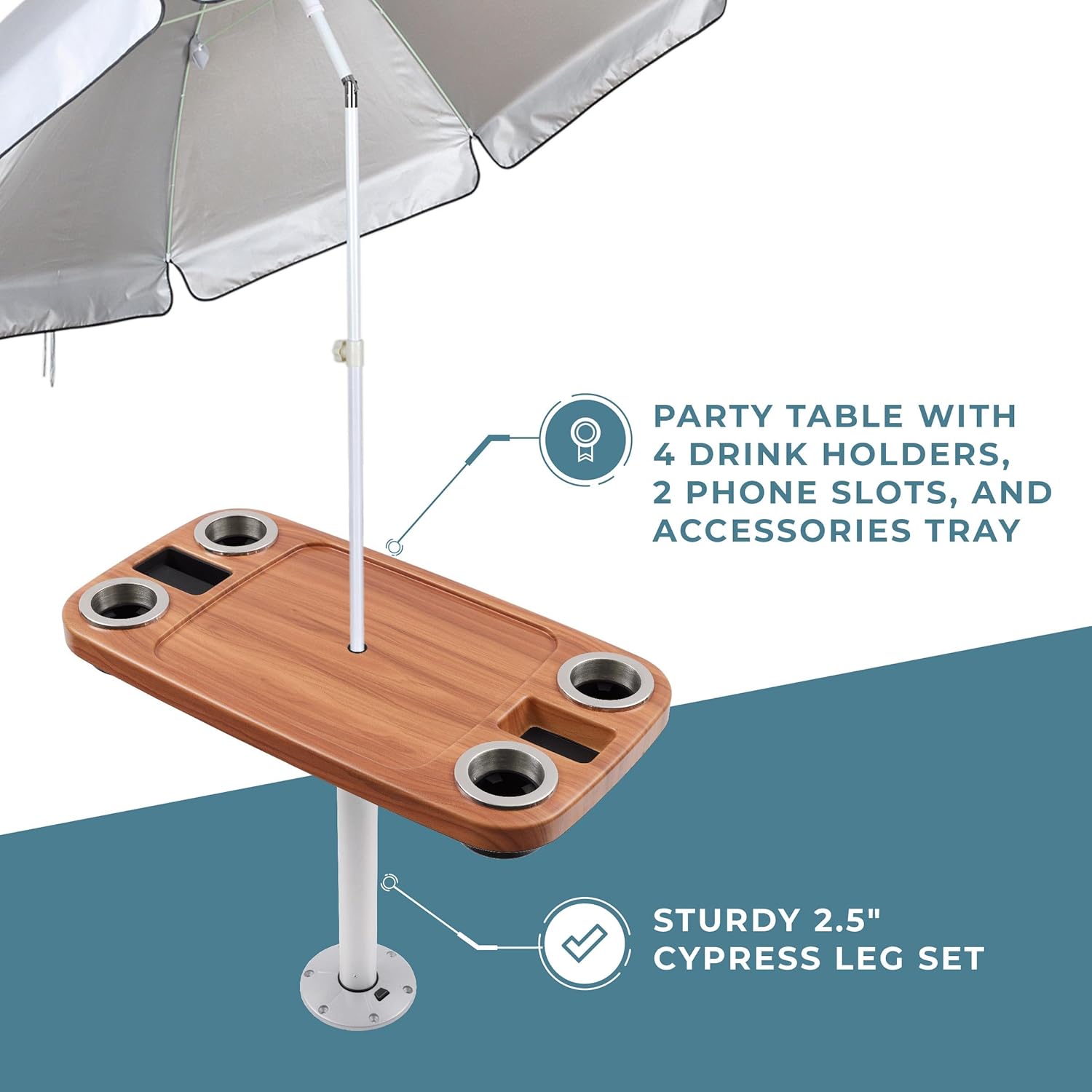 Manufacturers' Select ITC Boat Table w/Tilting and Adjustable Height Umbrella Set - Large Table Top, Pedestal Table Leg, 4 Large Drink Holders, 2 Phone Slots (Cinnamon w/Silver Leg)