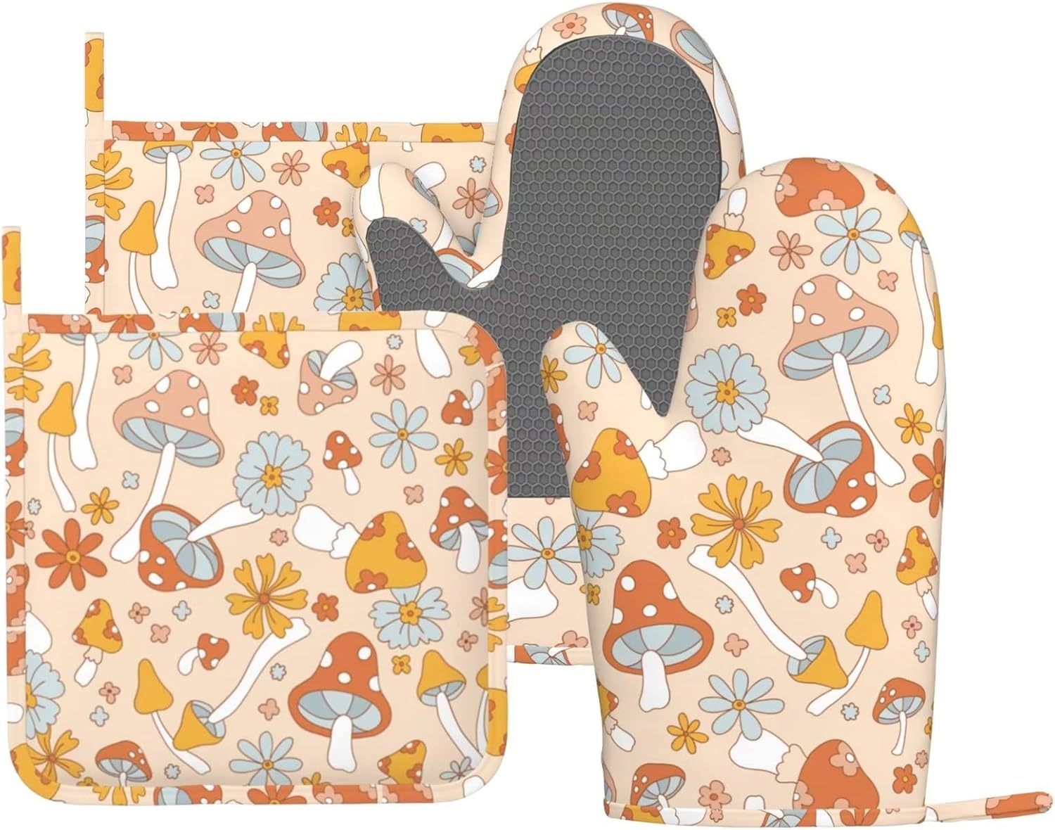 Retro 70s 60s Mushroom Oven Mitts Pot Holders Set Silicone Vintage Orange Flower Boho Floral Kitchen Oven Mitts Heat Resistant Potholders Non-Slip 4pcs Hot Pads and Oven Gloves Sets for BBQ