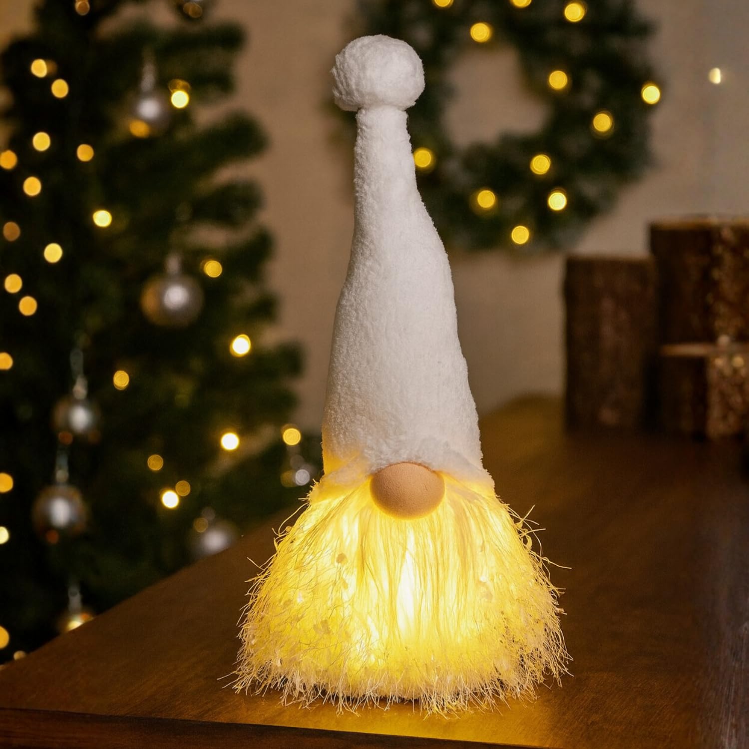 Marco Paul 26cm White LED Christmas Gonk – Soft Plush Light Up Nordic Santa Gnome Ornament - Warm White LED Plush Figure with Timer for Indoor Xmas Décor, Table & Home Display