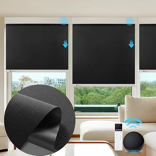 ZSTARR Persiana inteligente motorizada para ventana, persiana enrollable opaca automática compatible con control remoto, seguridad infantil, batería