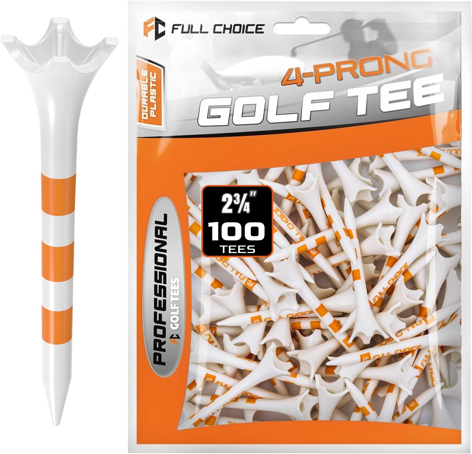 Full Choice 60/100 Pack Plastic Golf Tees (2-3/4"or 3-1/4"), Enhanced Durability & Stability, Designed to Reduce Friction and Side Spin