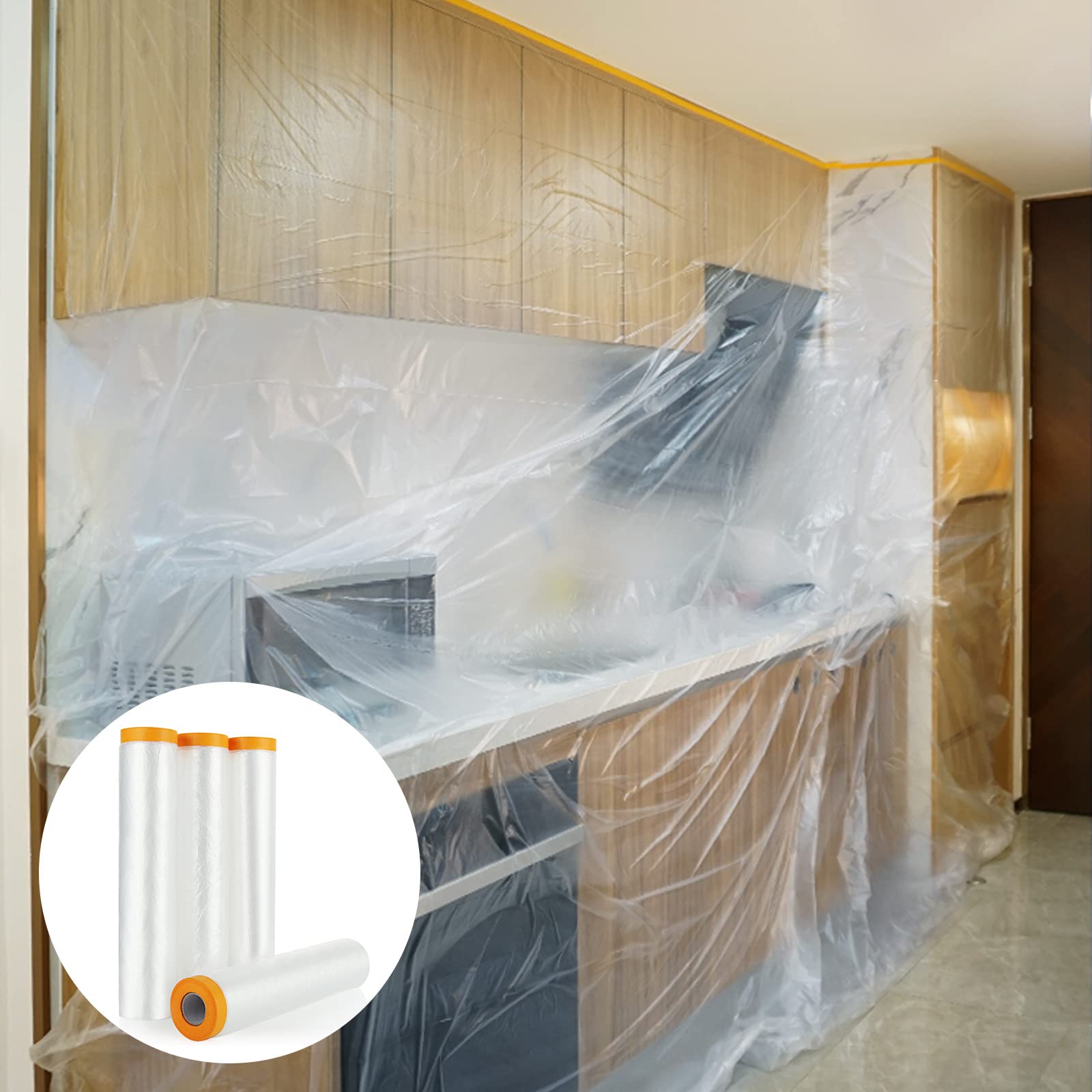 Lot de 4 rouleaux de film de masquage transparent de 240 cm x 20 m avec ruban adhésif en tissu, film anti-poussière en plastique pour travaux de peinture, couvertures de meubles