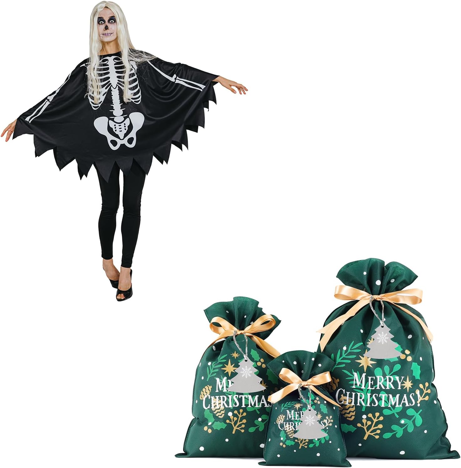 Halloween Skeleton Poncho & Assorted Christmas Gift Bags Bundle