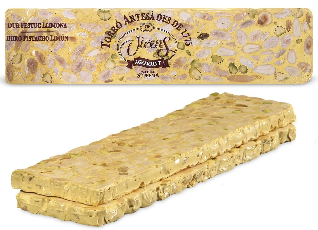 Vicens Agramunt's Torrons - Artisan Nougat Collection - Almonds, pistachios lemon hard nougat - 10.58oz/ 300gr