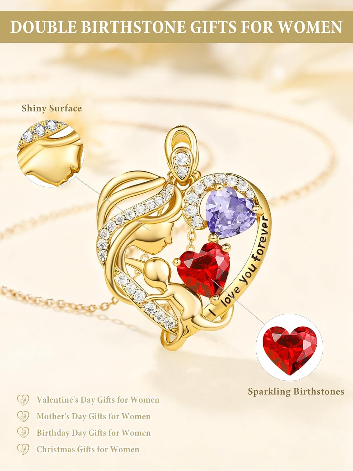 14K Gold Double Birthstone Heart Necklace for Women Mom, Mother Son/Daughter Pendant Necklace for Christmas Mother's Day Birthday Gifts for Wife Daughter Grandmom - Image 2