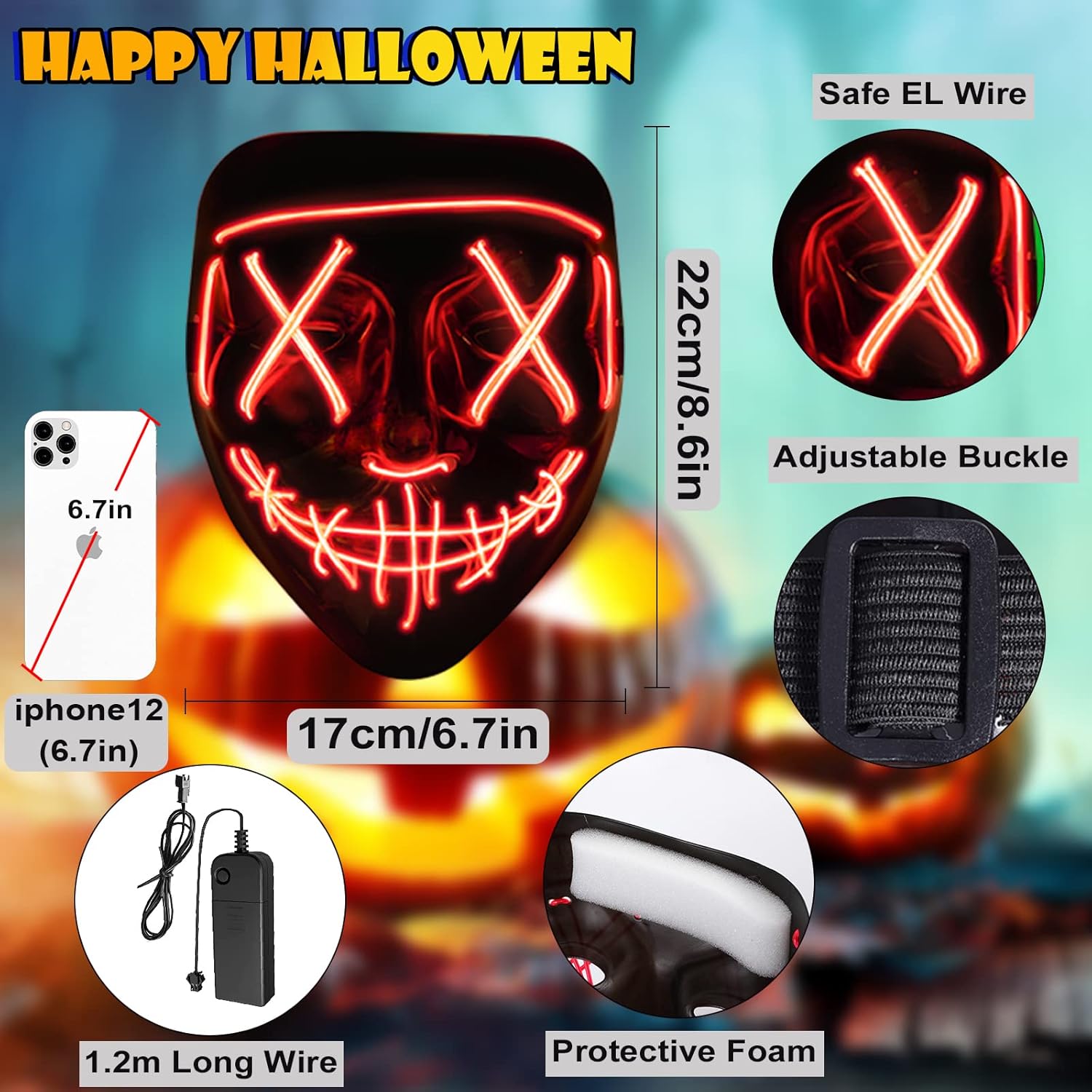 Halloween Mask LED Light Up Purge Mask with LED Gloves, Scary Glow Mask Costume with El Wire for Men Women Kids Halloween Festival Cosplay Masquerade Parties Carnival : Clothing, Shoes & Jewelry