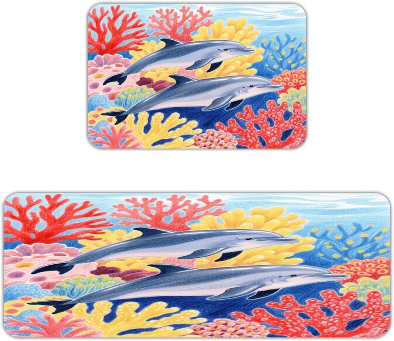 Dolphins Shuttled Kitchen Mat Outdoor Rug Area Rug | Kitchen Rug for Washable Non-Slip Breathable for in Front of Sink for Standing for Kitchen,Hallway,and Laundry Decor
