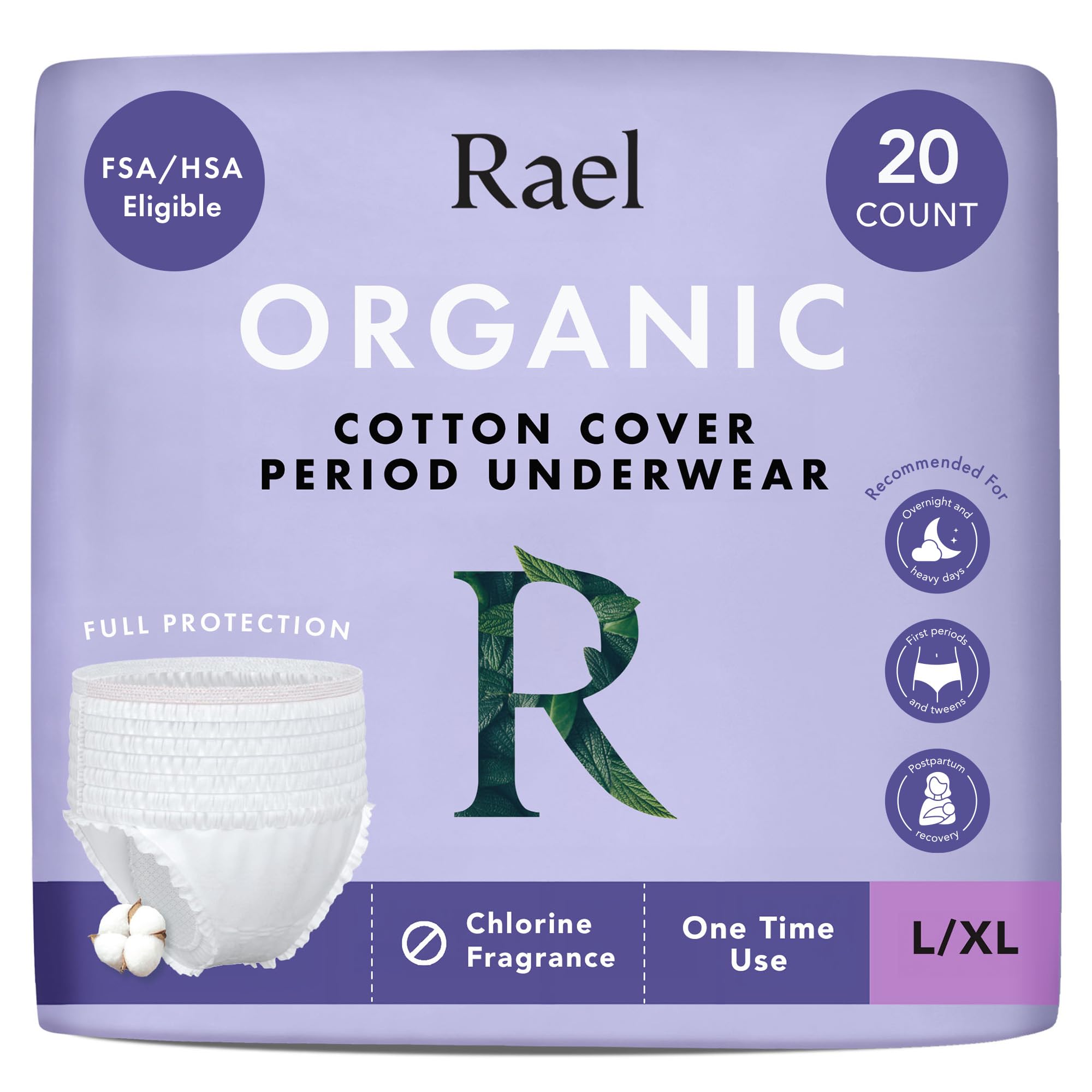 Photo 1 of Rael Disposable Underwear for Women, Organic Cotton Cover - Postpartum Essentials, Leak Locker, Unscented, Maximum Coverage (Size L-XL, 20 Count)