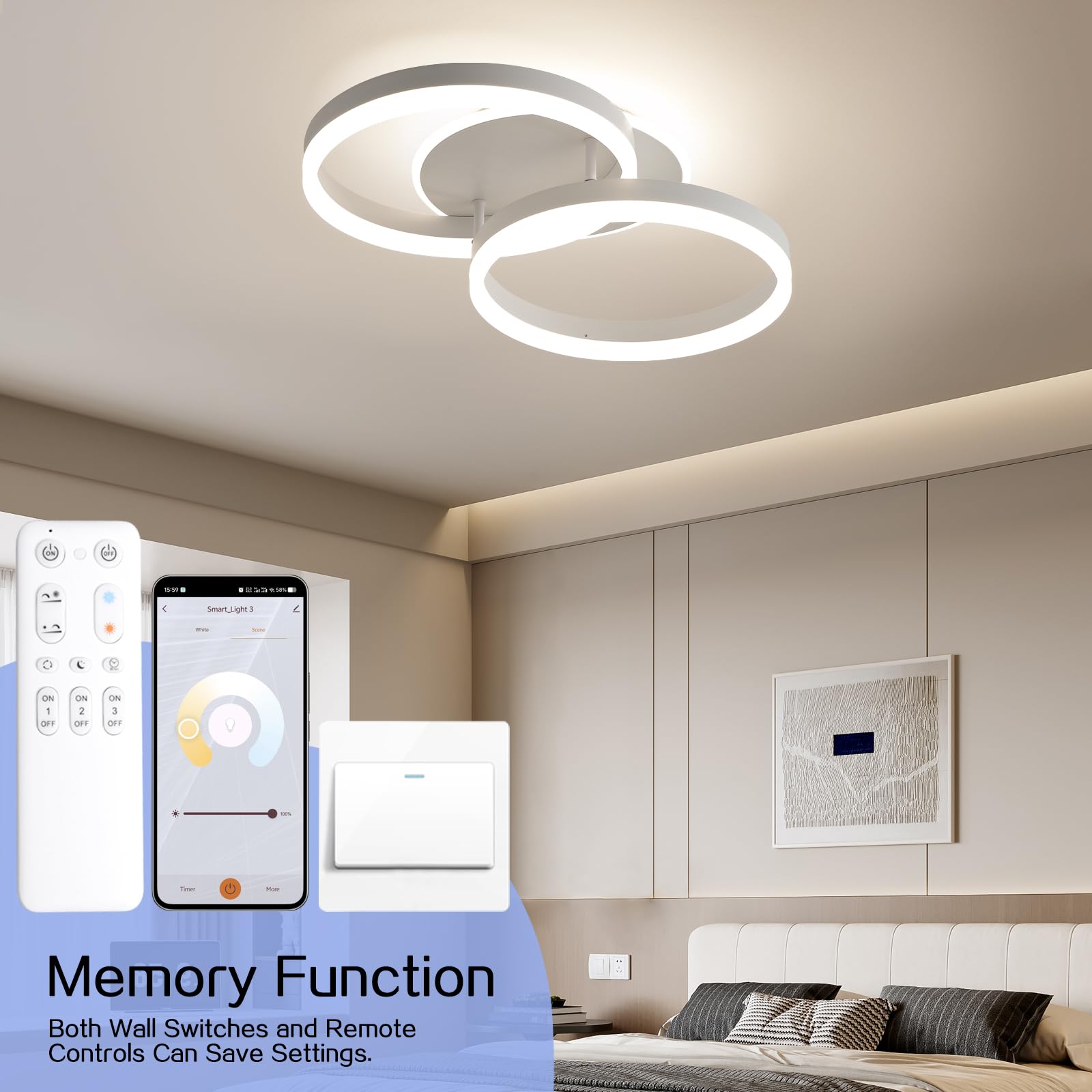 Smart Deckenlampe, LED Kompatibel mit Alexa, 50cm 2-Ringe Design, 36W Deckenleuchte Wohnzimmer Moderne mit Fernbedienung Dimmbar,mit Nachtlicht, für Küche Schlafzimmer, Esszimmer, Büro-Weiß