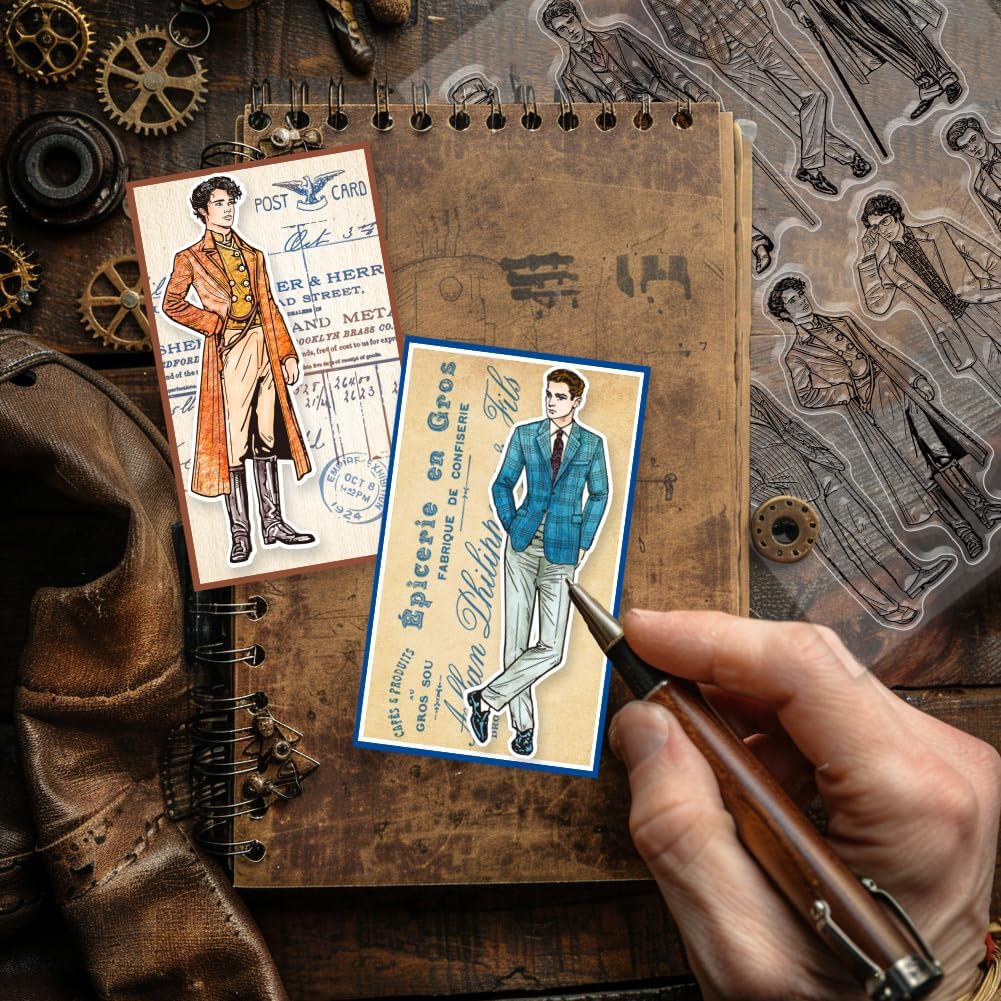 GLOBLELAND Vintage Gentleman Clear Stamps for Cards Making Retro Man Clear Stamp Seals 5.83x8.27inch Transparent Stamps for DIY Scrapbooking Photo Album Journal Home Decoration