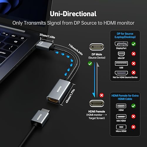 Miniatura 10 de BENFEI Paquete de 5 cables adaptadores 4K DisplayPort a HDMI, (2K 60Hz, 1080p 120Hz) Convertidor de puerto de pantalla unidireccional a monitor HDMI