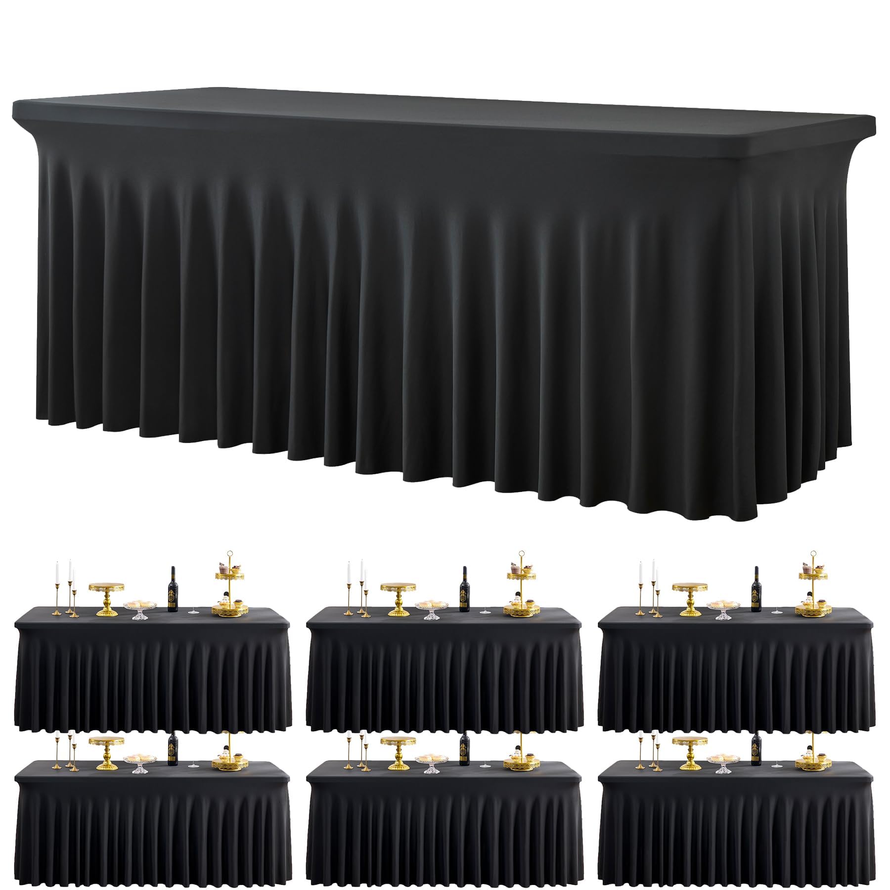 Paquete de 6 manteles de elastano elásticos negros para mesa rectangular de 1,8 m, lavable y sin arrugas, mantel rectangular para fiestas, eventos, bodas, banquetes, [183 x 76 x 74 H] cm
