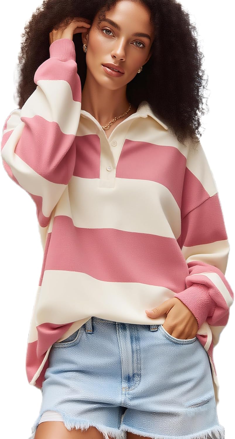 Women Striped Polo Sweatshirt Oversized Long Sleeve Lapel V Neck Pullover Shirt Trendy Rugby Shirts