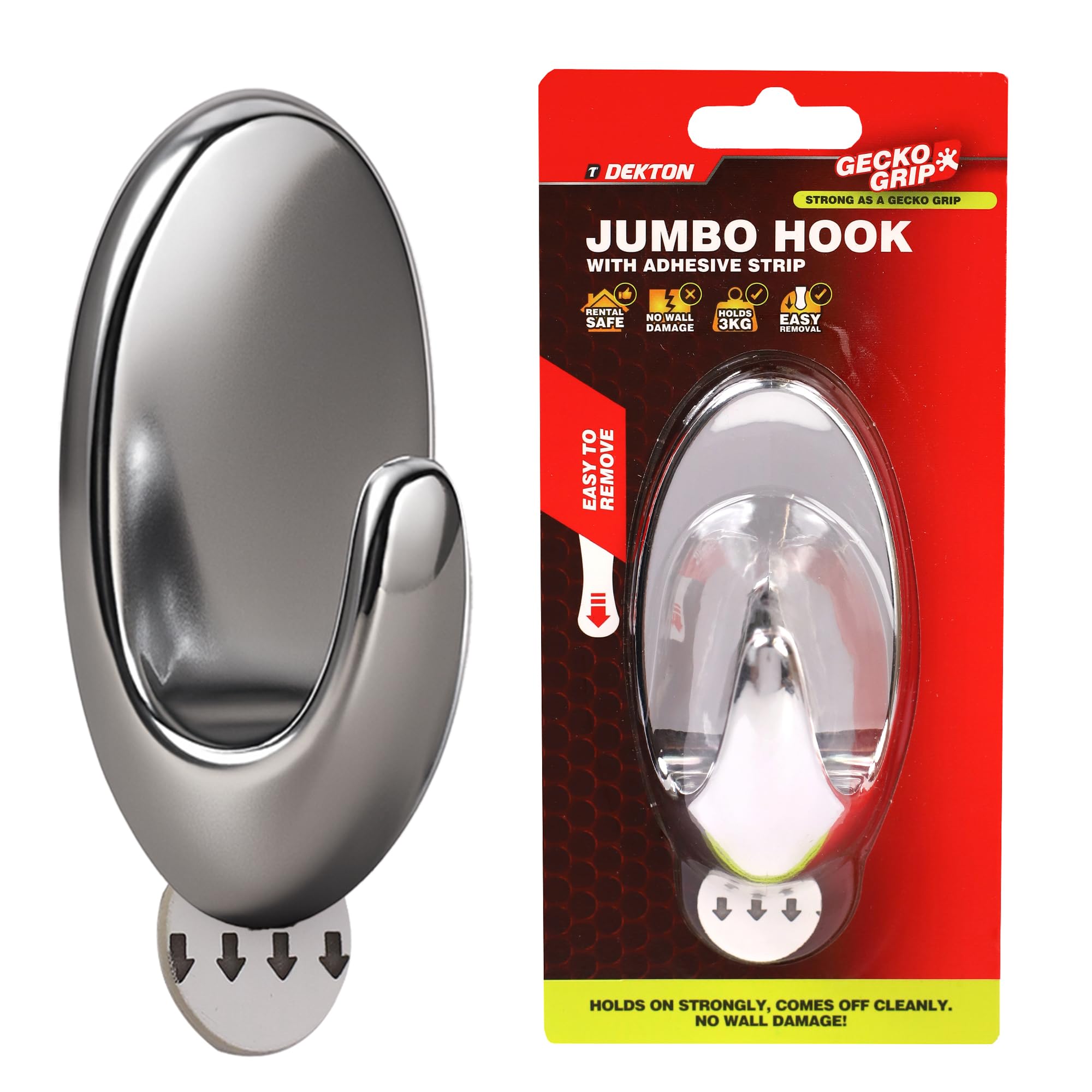 Dekton Chrome Geckogrip Jumbo Hook 1Pc -Heavy-Duty Wall Hook| Strong Adhesive Grip| Holds Upto 10Kg| Ideal For Kitchen, Bathroom, Office| Reusable & Residue-Free| Sleek Finish| Versatile Storage