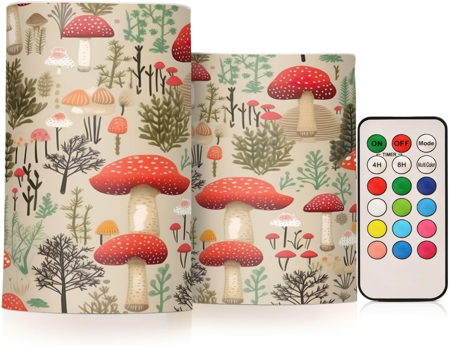 Jungle Mushrooms Flameless Candles 2PCS Battery Operated Flickering Pillar Candles Waterproof LED Lights with Remote Control & Timer for Indoor & Outdoor Holiday Decoration