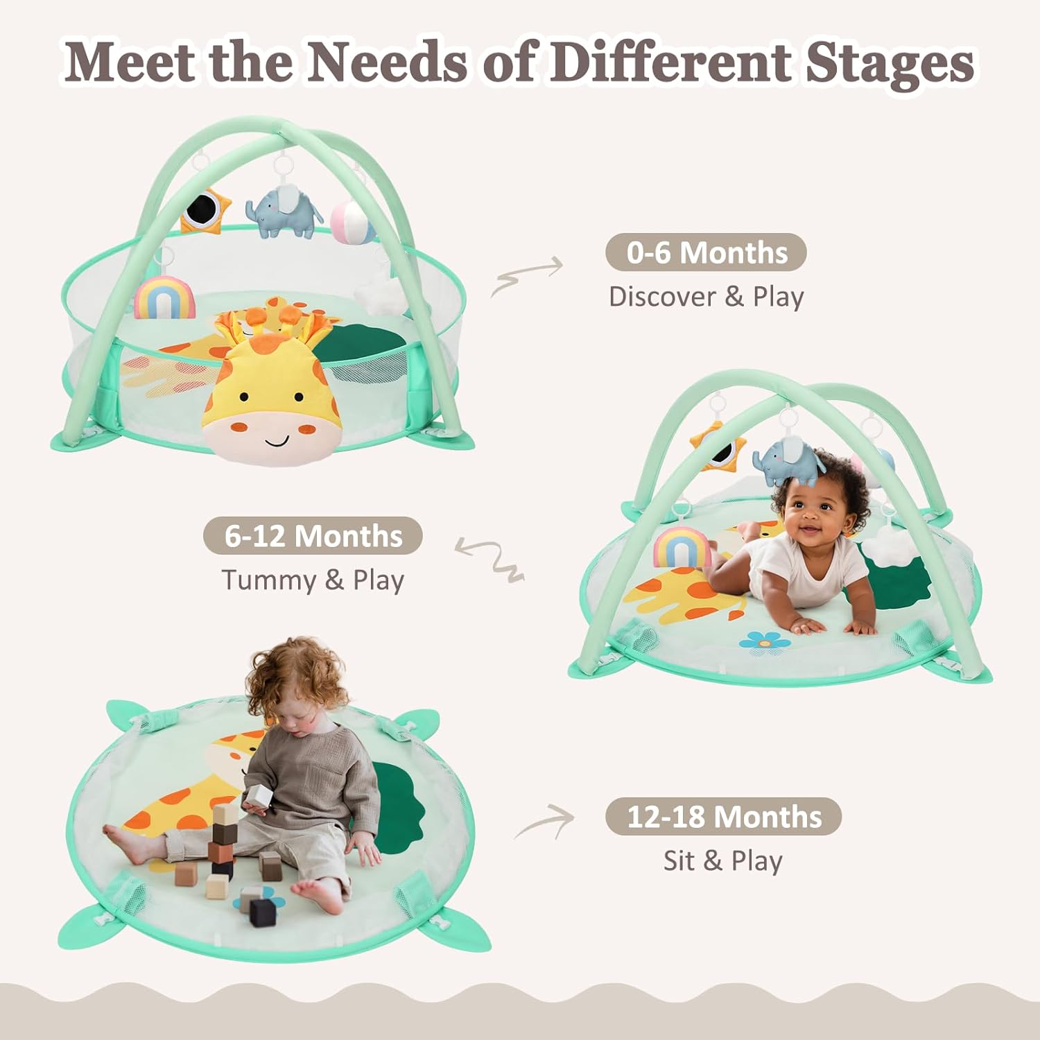 7-in-1 XL Large Baby Play Gym Mat, Tummy Time Mat, Baby Gym & Ball Pit, Baby Activity Mat with Milestone Cards & 6 Detachable Toys for Sensory Motor Skill, Giraffe
