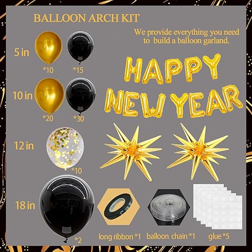 Miniatura 2 de Felice Arts Kit de arco de guirnalda de globos negros y dorados con confeti de látex, estrella de explosión dorada para decoración de cumpleaños,