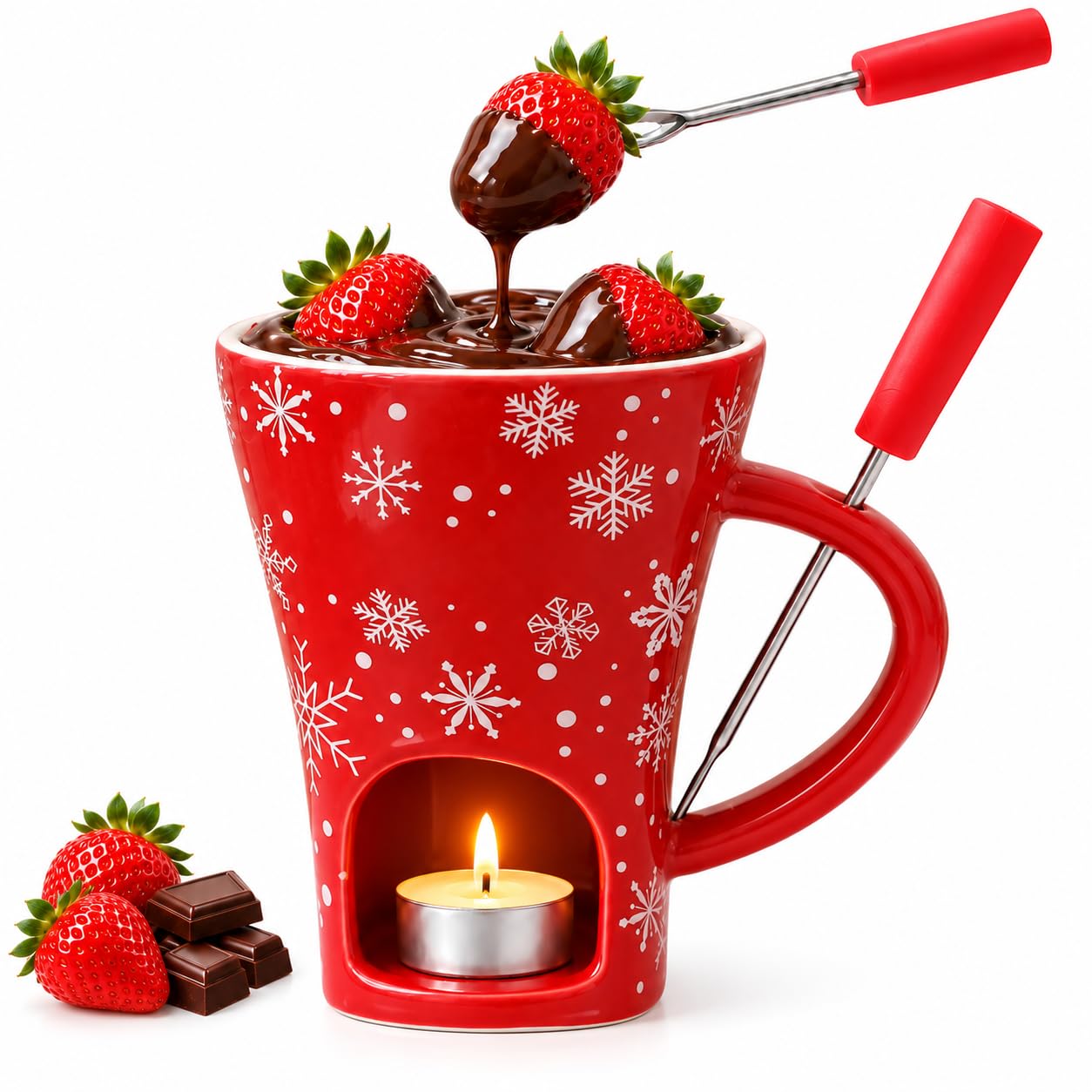 Christmas Chocolate Fondue Mug with Fork, Ceramic Melting Cup，Red Snowflake