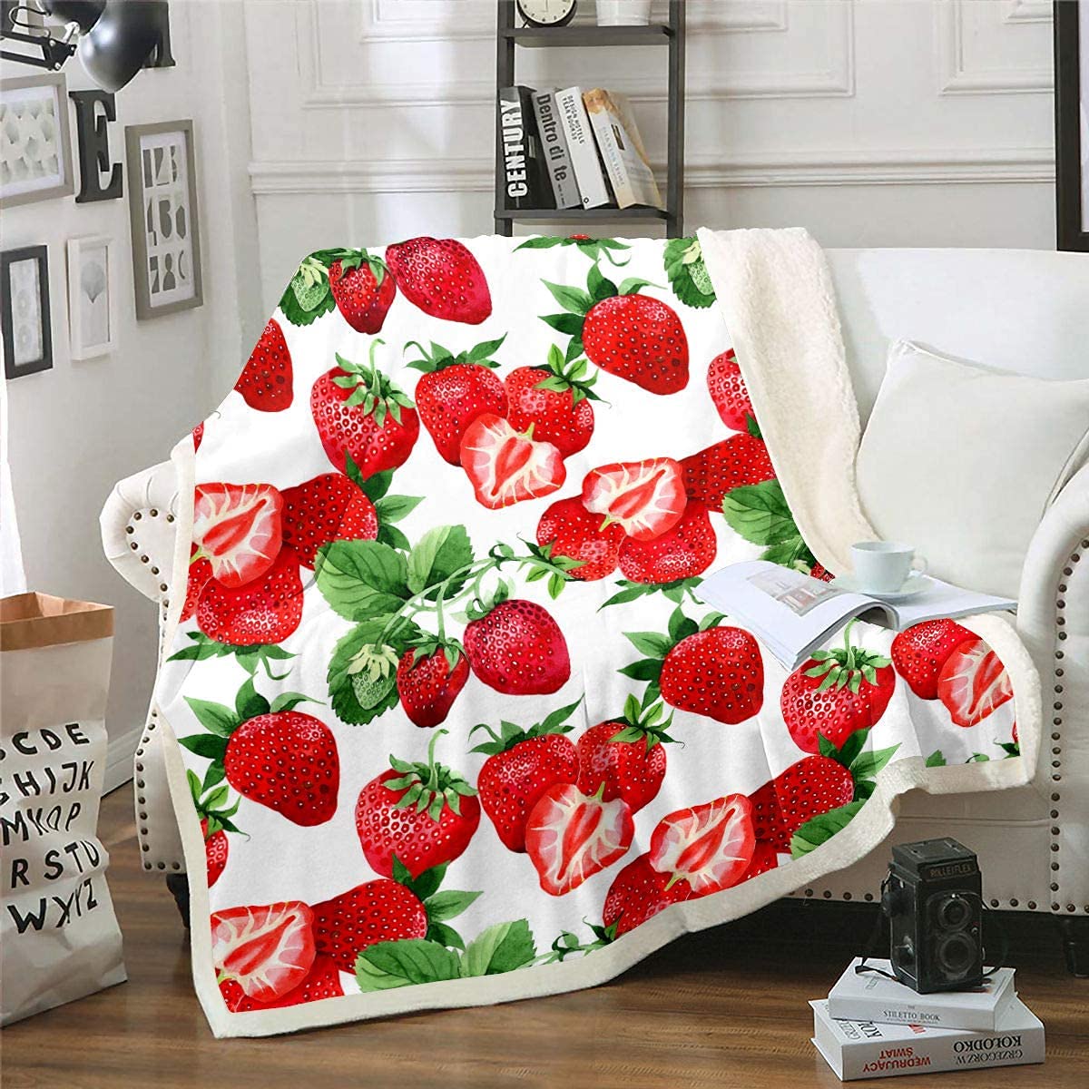 Loussiesd Strawberry Themed Fleece Throw Blanket for Couch Bed Sofa Tropical Fruit Print Sherpa Blanket Sweet Strawberry Print Room Decor Red King 87"*94" — image 1