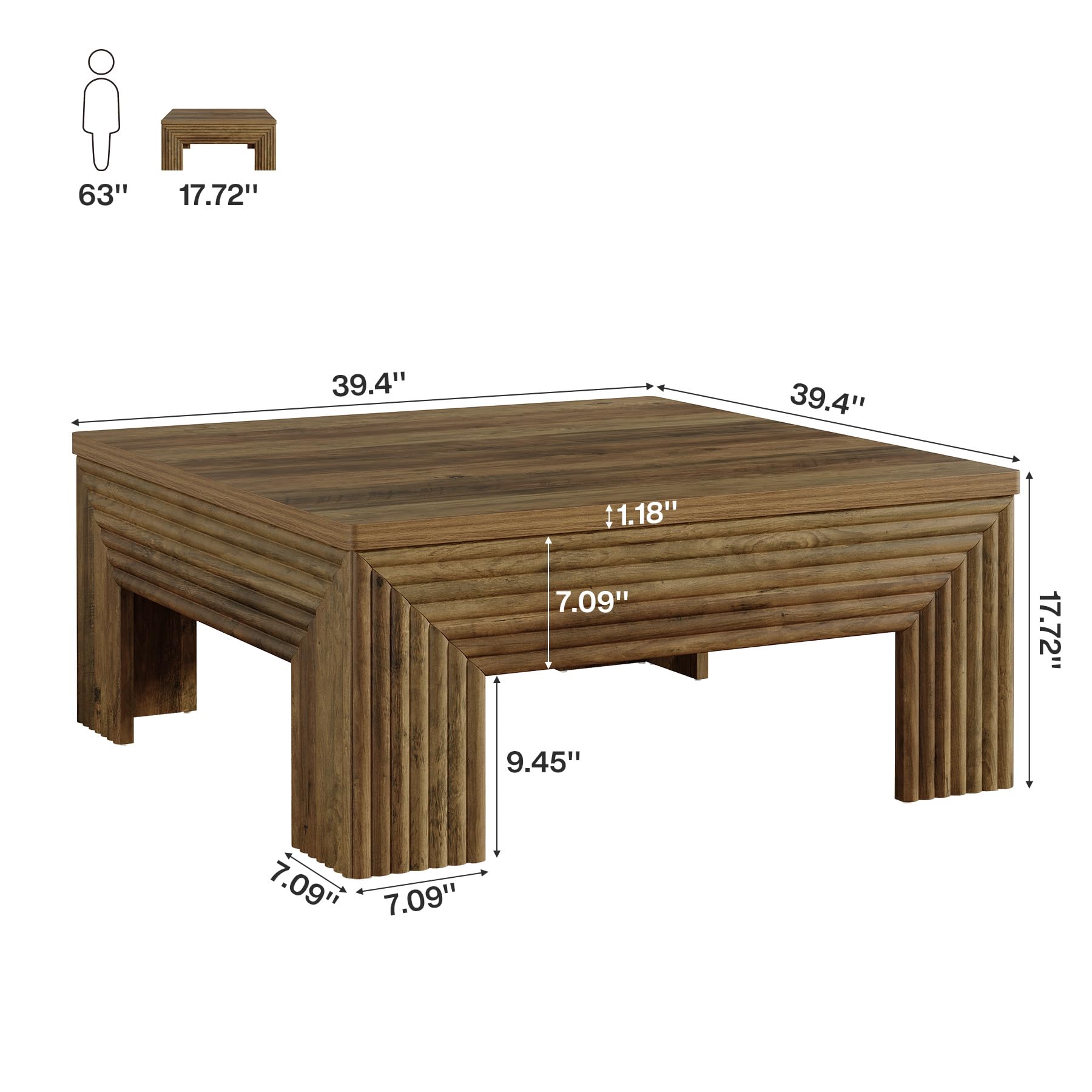 Tribesigns Mesa de Centro, Mesa Auxiliar para Salón o Comedor Sala de Estar Balcón Oficina, 100 x100 x 45 cm, Mesa de Centro Cuadrada con Patas de Madera Resistentes, Marrón