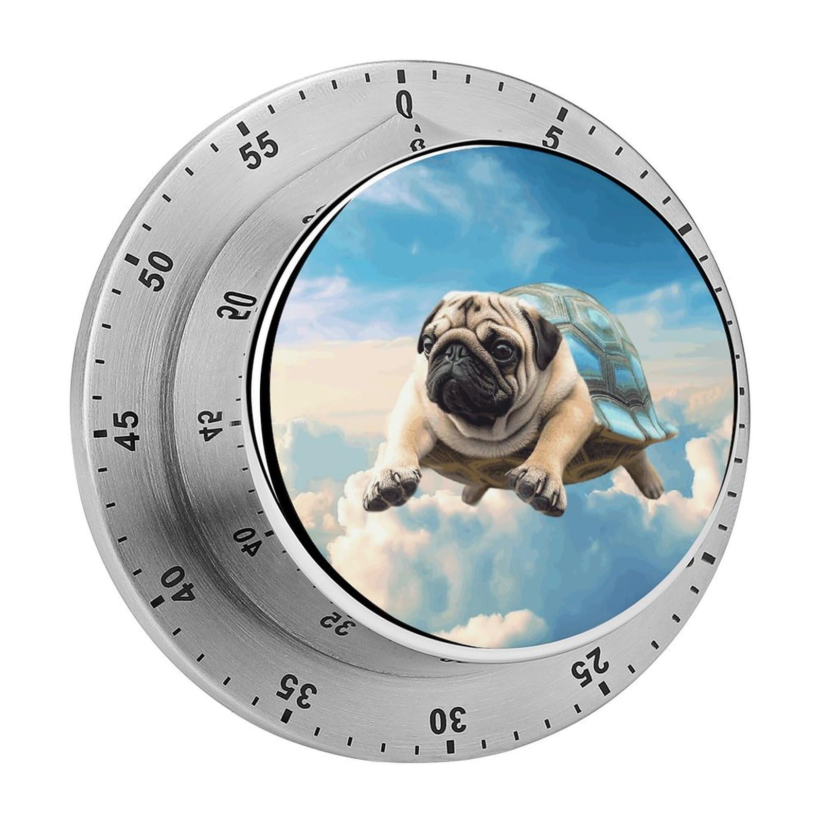 Funny Turtle Pug Dog in The Sky Timers Adsorbable Stainless Steel Kitchen Timer Loud 60 Minute Visual Timer Portable Manual Countdown Timers Alarm Clock Time Management Tool for Home Work
