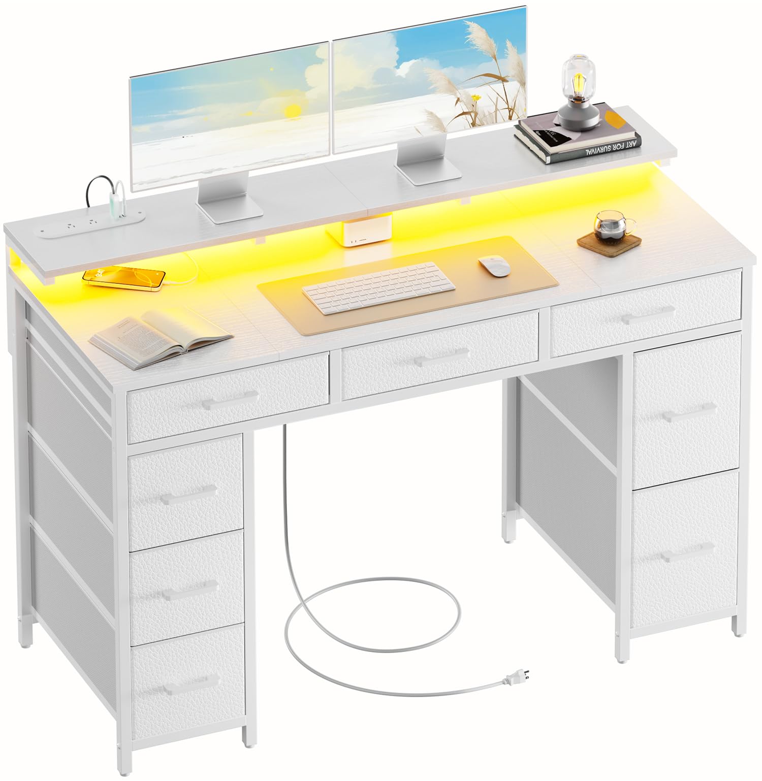 Photo 1 of HLDIRECT 47 inch Computer Desk with 8 Storage Drawers, Gaming Desk with LED Lights & USB Power Outlets, Home Office Table with Monitor Stand, Study Writing Work Table for Bedroom, White
