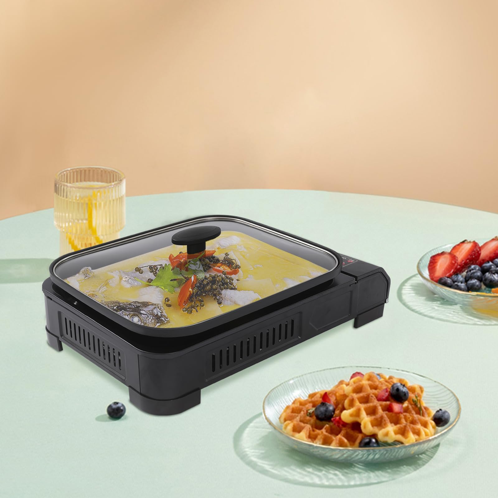 Kit barbecue à gaz de camping 2 en 1 - Réchaud à gaz portable - Avec poêle à barbecue, couvercle en verre et valise - Pour l'extérieur et le camping - Puissance : 2,1 kW