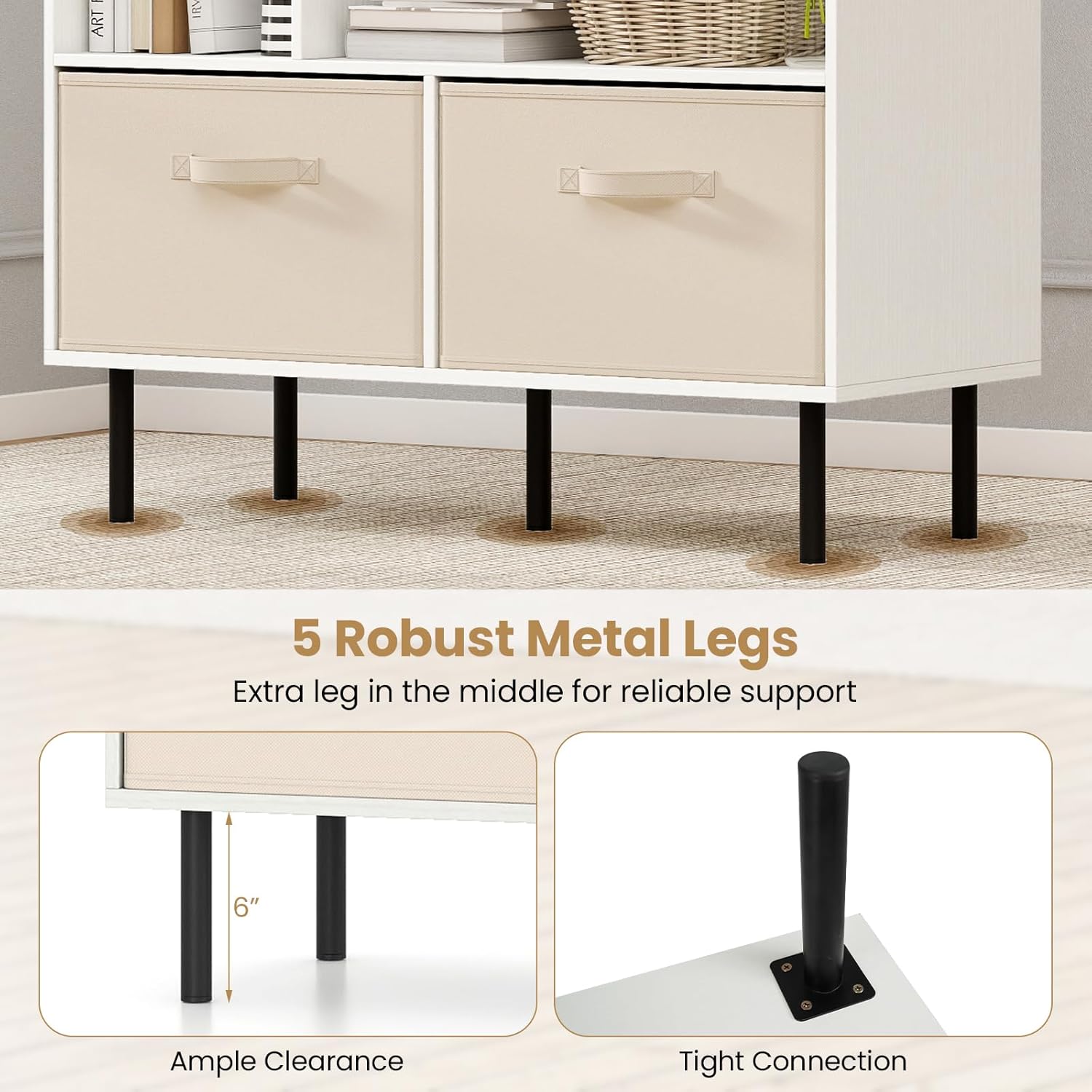 Giantex 6-Cube Bookshelf, 3-Tier White Bookcase with 3 Removable Folding Fabric Drawers, Freestanding Cube Storage Organizer w/Metal Legs, Modern Display Book Shelf for Living Room, Study