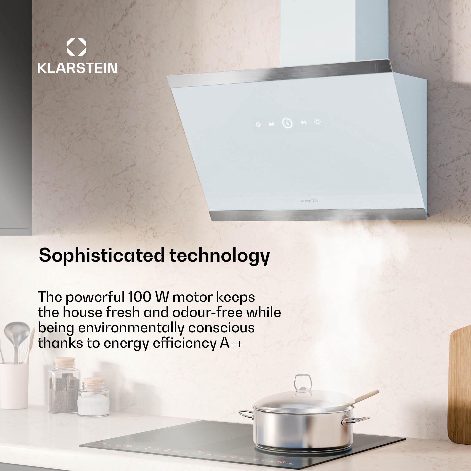 Klarstein FlashLine Okap kuchenny – Okap skośny 60 cm, Ekran dotykowy, Przepływ 578 m³/h, Klasa energetyczna A++, Oświetlenie LED, 34,5 dB, Biały, Tryb wyciągu i recyrkulacji
