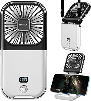 USB Rechargeable Upgraded 5-in-1 Portable Handheld Fan, Necklace Fan, Desk Fan, Foldable Phone Stand, 4 Speeds Airflow, Quiet Personal Fans with LED Digital Screen (Black)