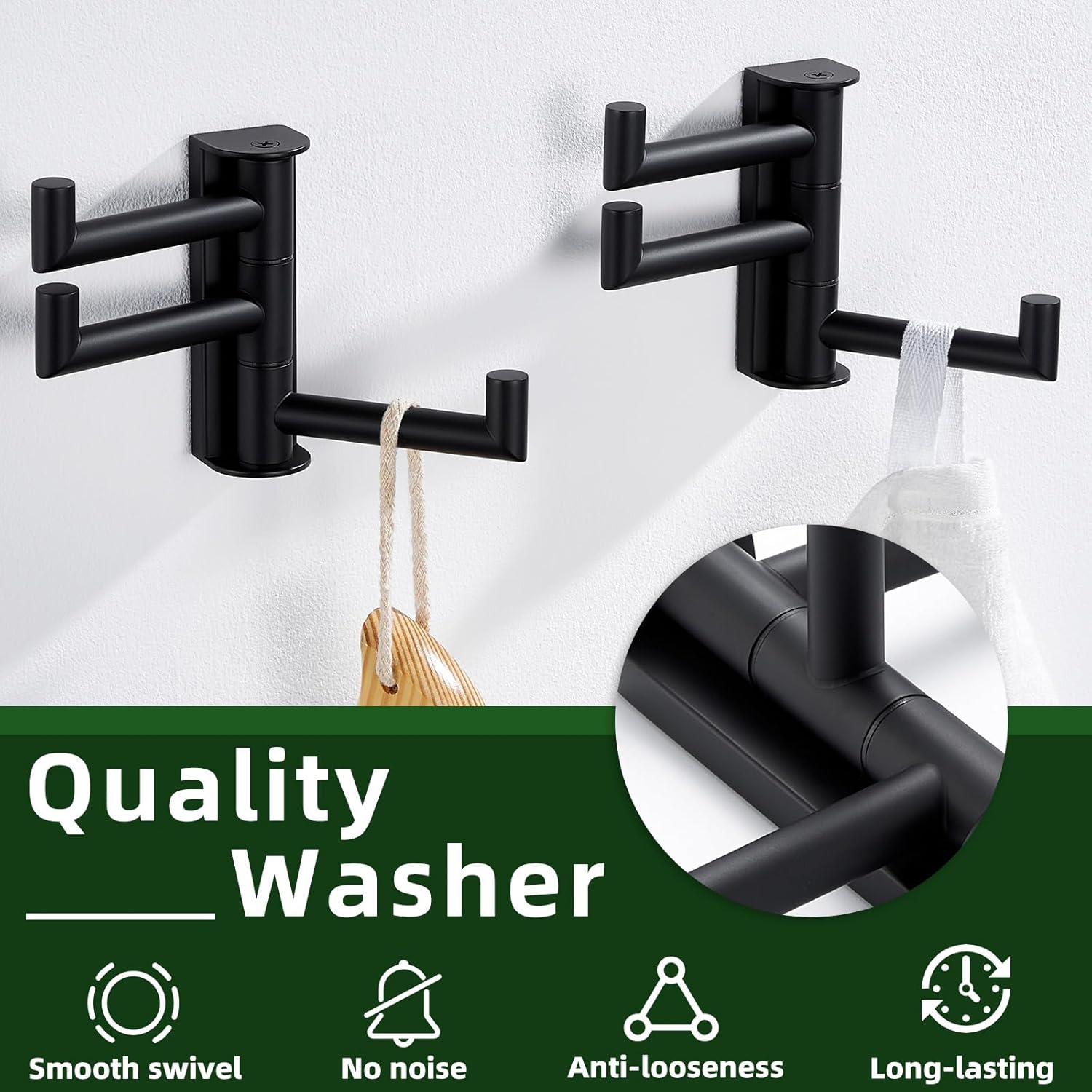 APLusee Matte Black Swivel Towel Hooks for Bathroom 2 Pack, 304 Stainless Steel Foldable Coat Hooks with Multi 3 Arms, Heavy Duty Robe Towel Holders Wall Mounted
