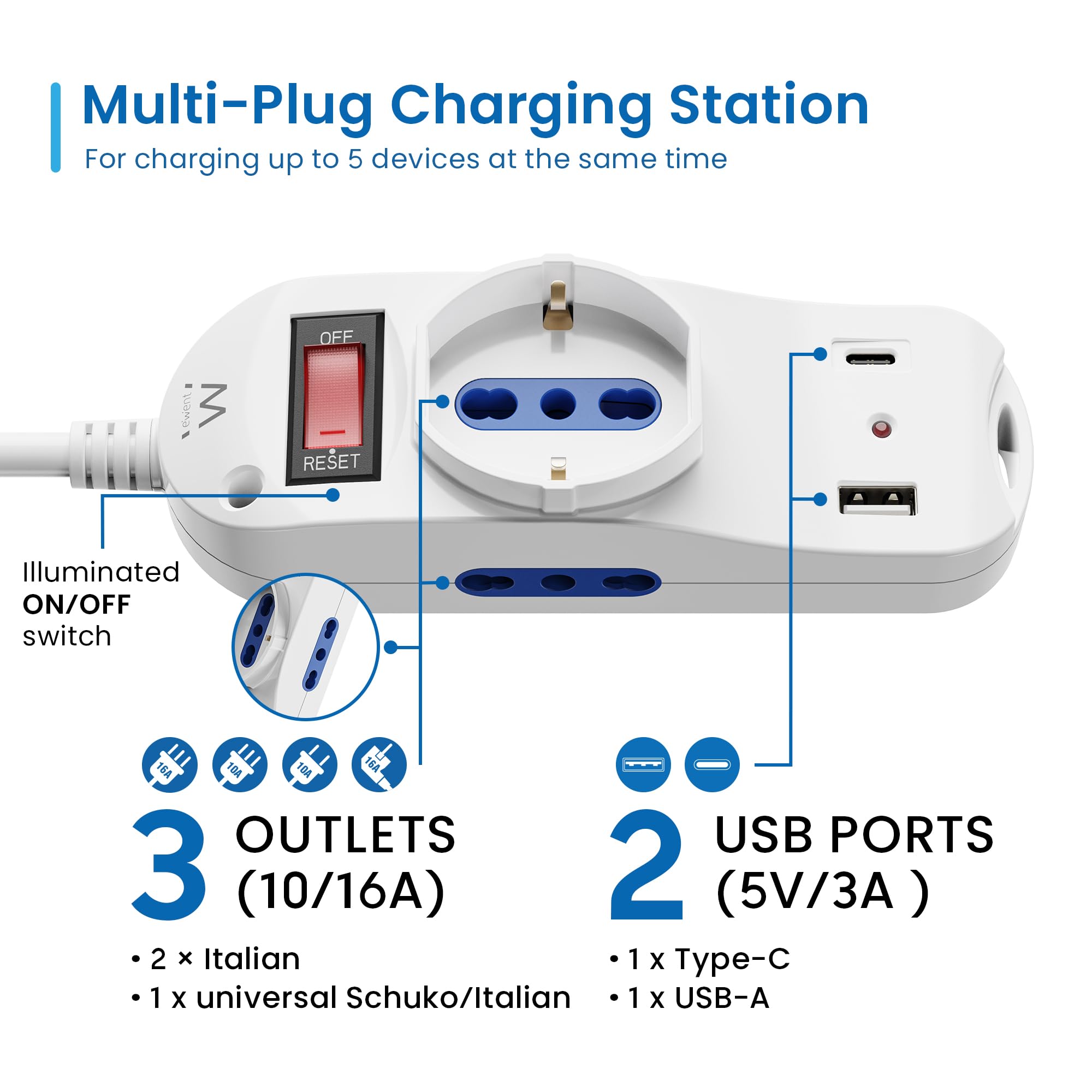 Ewent Listwa zasilająca z 3 gniazdami (2 A/Schuko) i 1 portem USB-A i 1 portem USB-C, przełącznikiem ON/OFF, 2500 W, ochrona przed przeciążeniem i dziećmi, wtyczka IT10A i kabel 1,5 m, biały