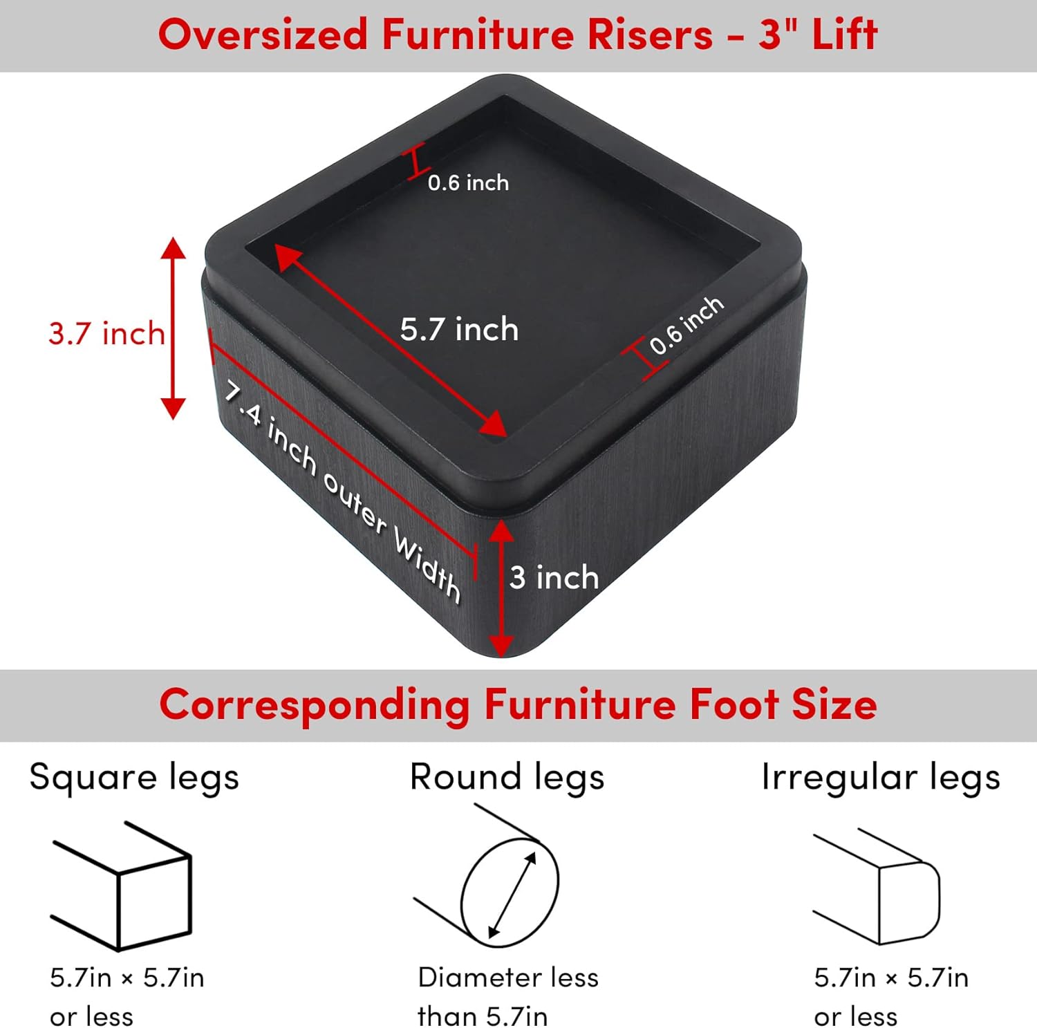 DEDU Oversized Bed Risers Heavy Duty Stackable 4 Pack, Furniture Risers for Sofas 3 Inch or 6 Inch Supports Up to 11000 Lbs, Square Bed Raising Blocks Fits 5.5 Inch Wide Desk or Couch (Black)