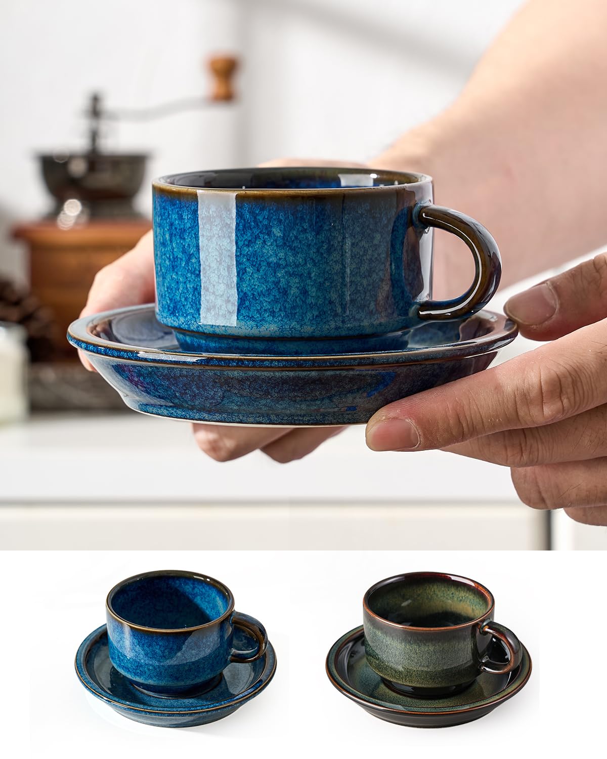 HOME DECOR Set di tazze da caffè – processo di smalto reattivo – 6 tazze da caffè da 140 ml con piattino e supporto – eleganti tazze in ceramica per espresso, cappuccino e latte – blu glassa reattiva