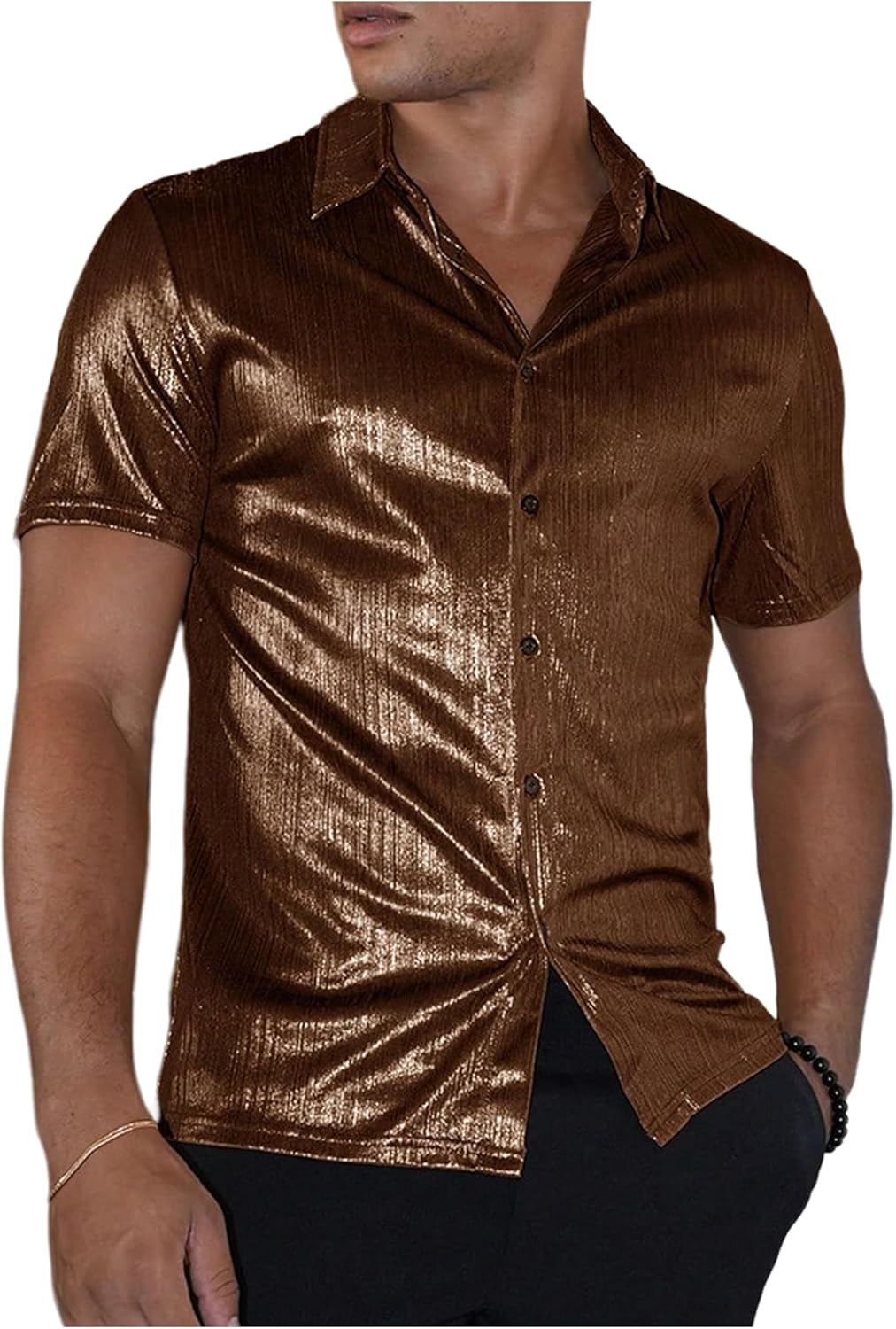Verdusa Men's Metallic Button Down Shirt Short Sleeve Collar Glitter Top
