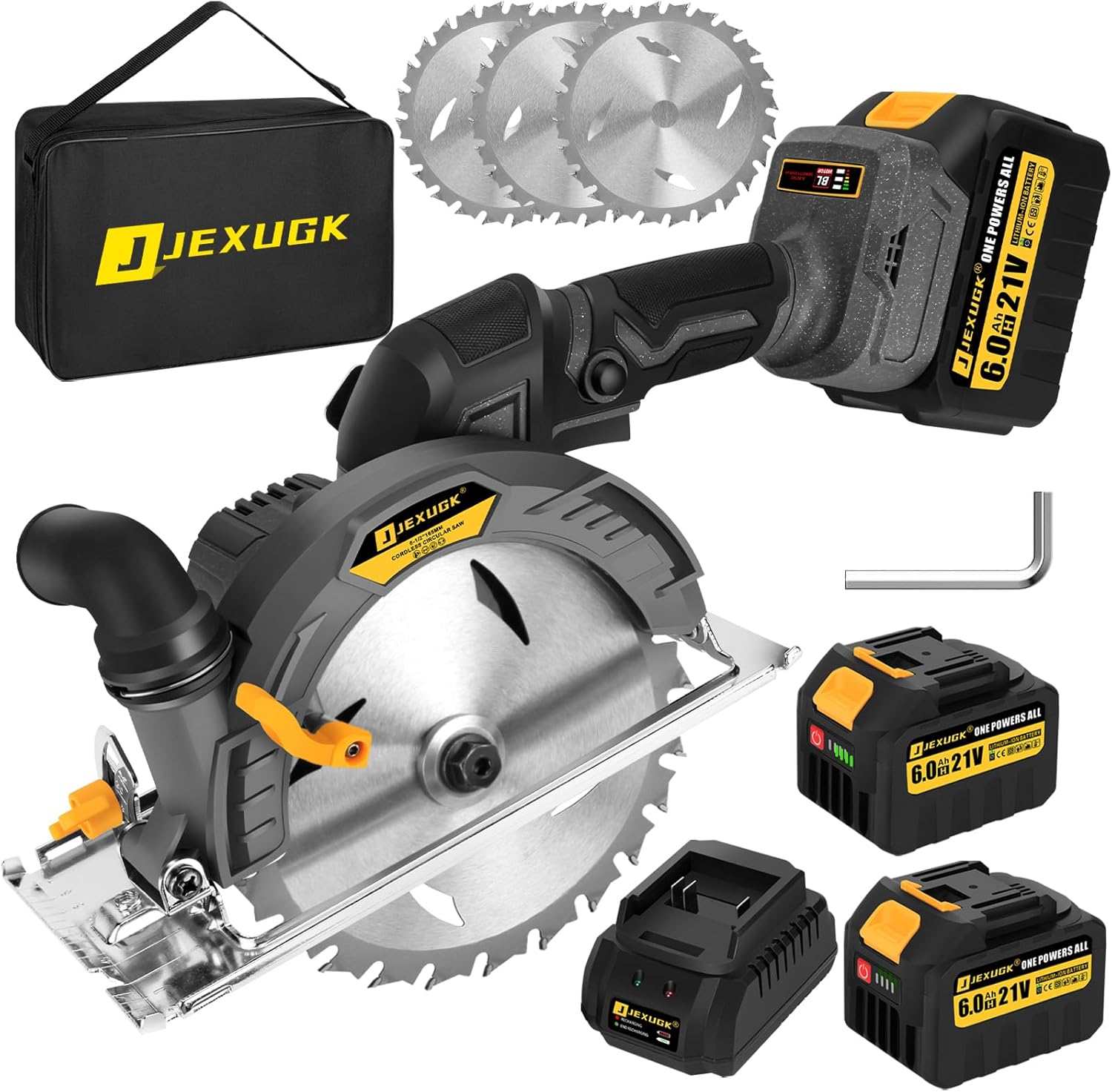 JEXUGK 6-1/2" Cordless Circular Saw, Brushless 6000RPM with 2x6.0Ah Batteries, Max 2-1/4" Cut Depth for Precise Wood Cutting