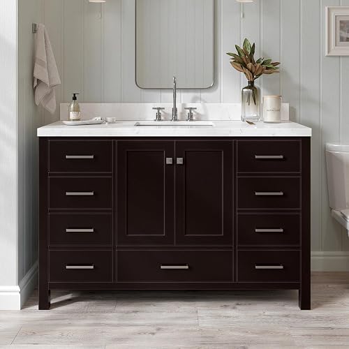 ARIEL Cambridge 54-inch Bathroom Vanity with Sink,Solid Wood, 1.5-inch Pure White Quartz Countertop, Single Rectangular Porcelain Sink, 2 Soft Closing Doors, 9 Dovetail Drawers, Espresso